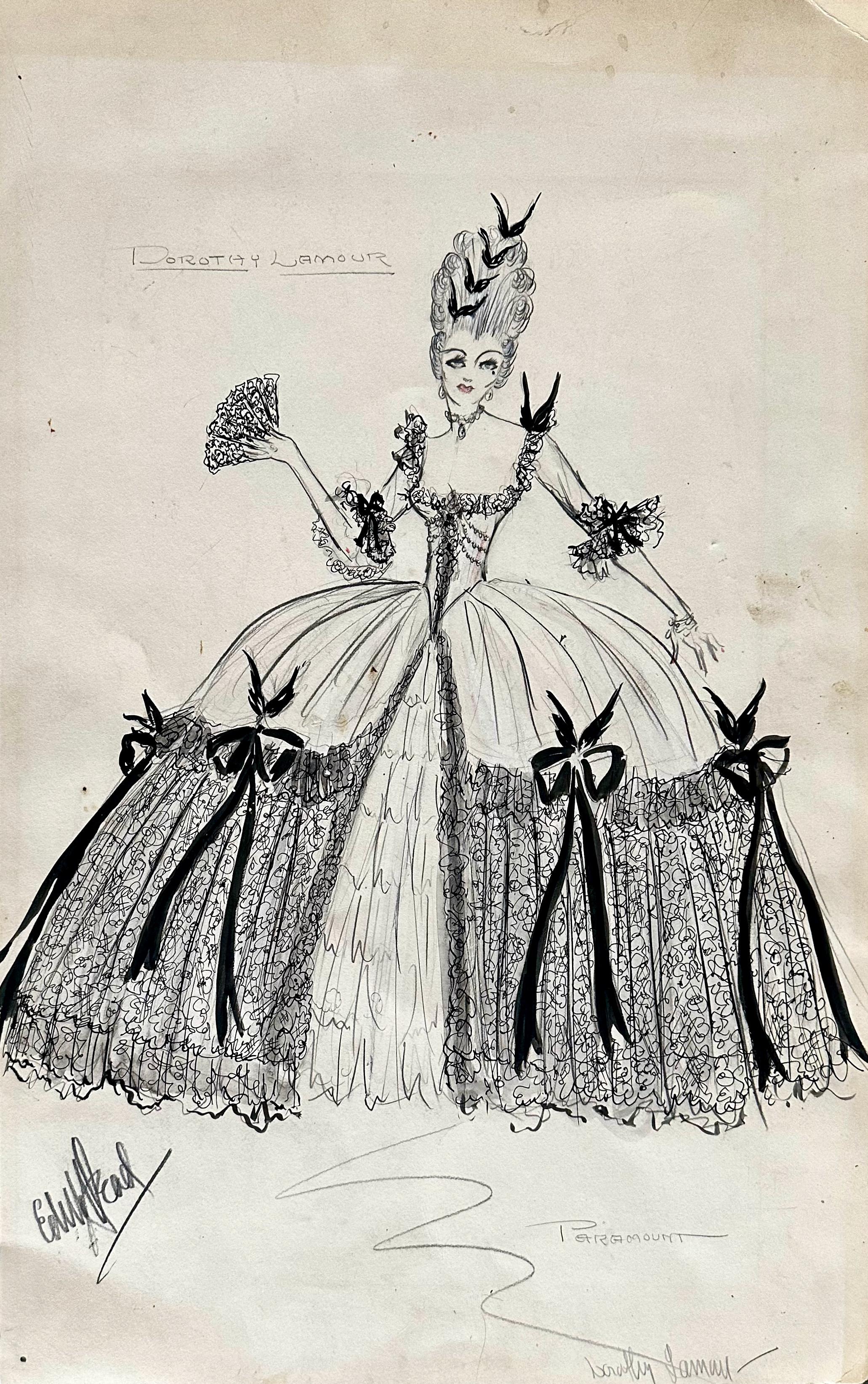 Boceto original Edith Head 1940s Dorothy Lamour Paramount en venta