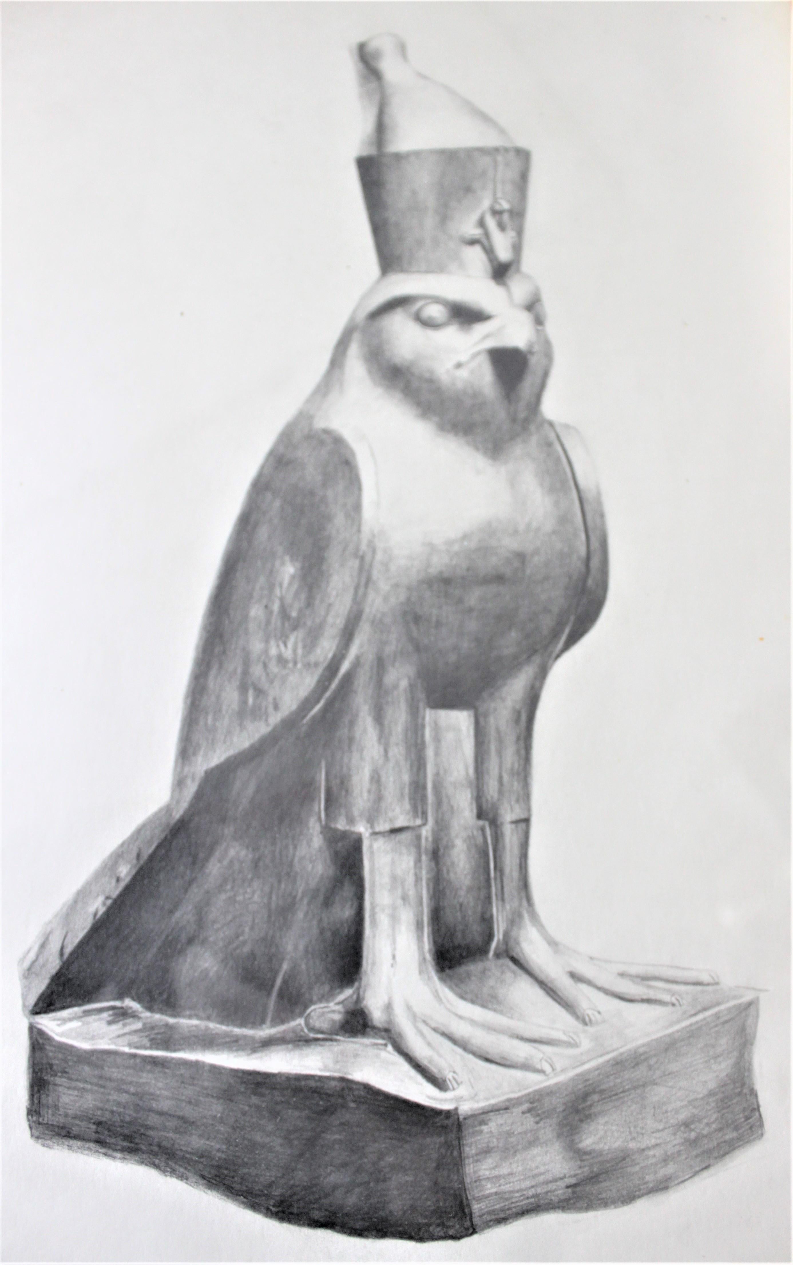 This framed pencil drawing was done by well known Canadian artist Edward J. Hughes in approximately 1975. The drawing is a very well executed depiction of the Ancient Egyptian diety, Horus. This original pencil drawing is very detailed and is