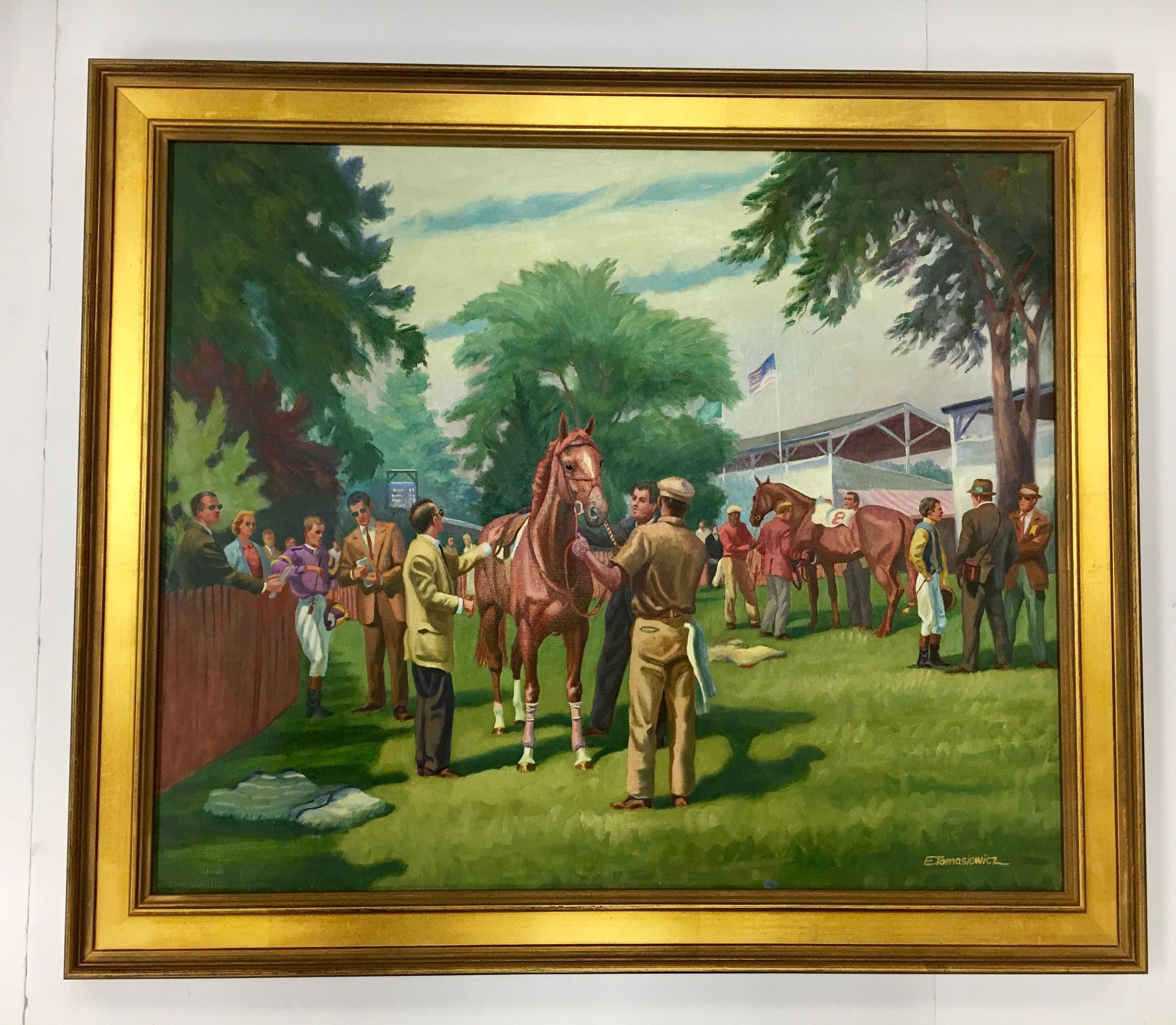 Stunning original Edward Tomasiewicz (1919 - 2006) oil painting depicting a equestrian scene in the countryside. His work is featured in and around the northeast part of the United States. Medium is oil on canvas and frame is original.