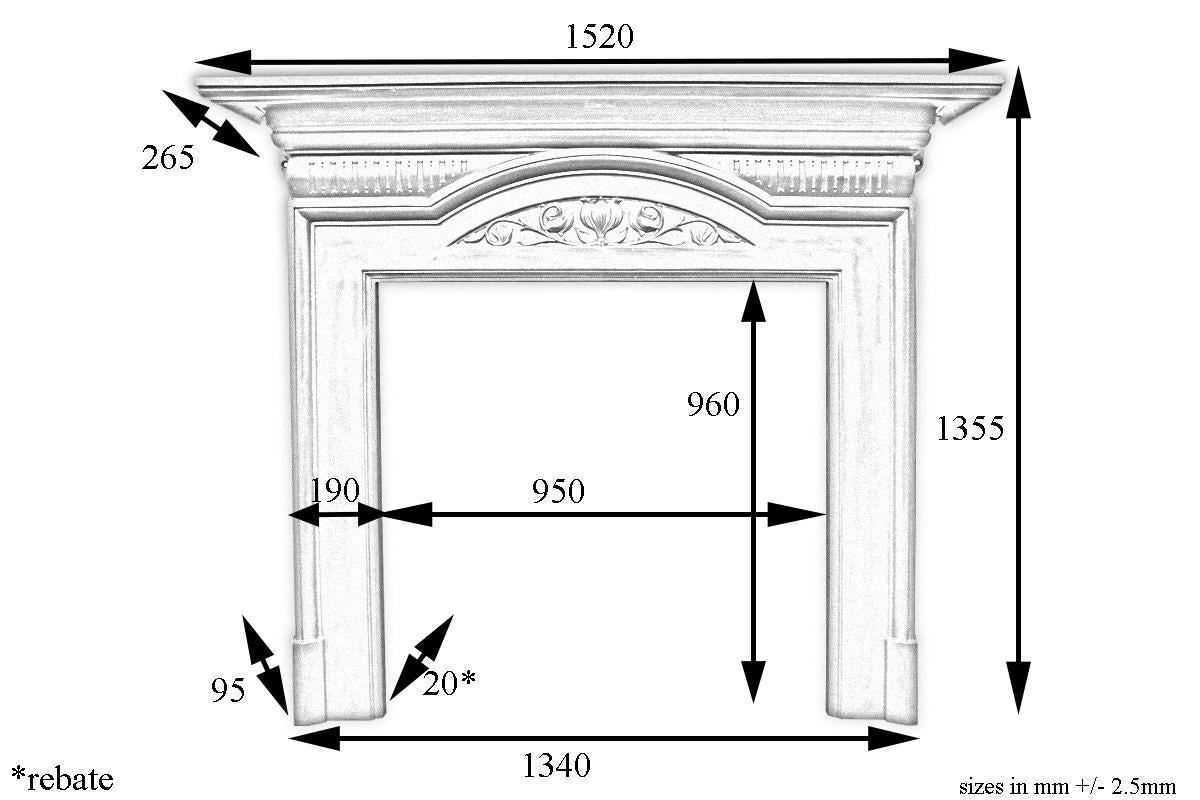 Restored antique Edwardian Art Nouveau cast iron fireplace surround with a styalised tulip to the frieze, circa 1905.

For detailed sizes please see the size diagram in the image gallery.

The surround has been finished with traditional black