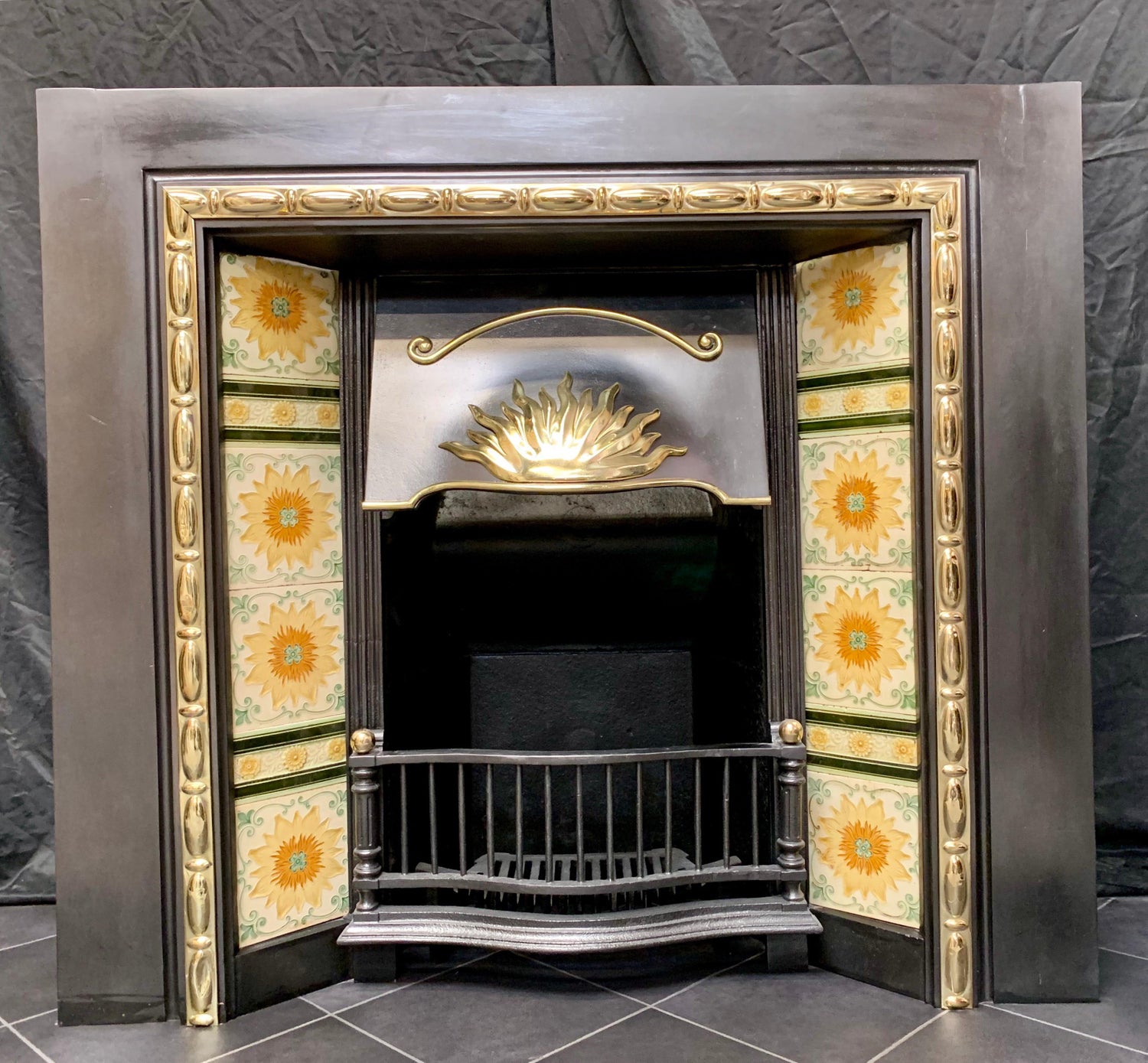 Original Edwardian Cast Iron And Brass Tiled Fireplace Insert For
