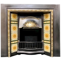 Original Edwardian Cast Iron and Brass, Tiled Fireplace Insert