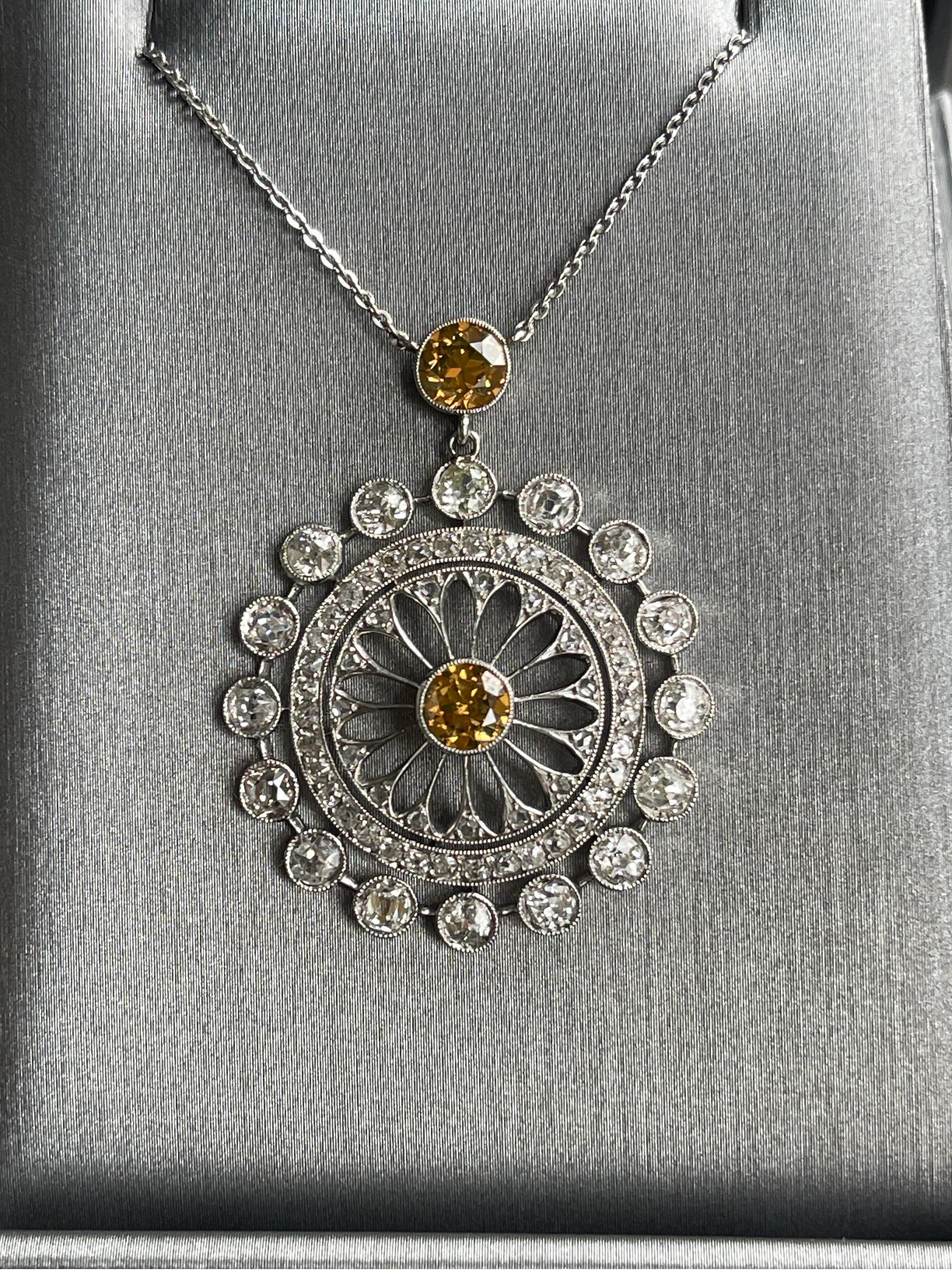 Original Edwardian Circular Orange Brown Diamond Platinum Pendant Necklace  In Excellent Condition For Sale In New York, NY