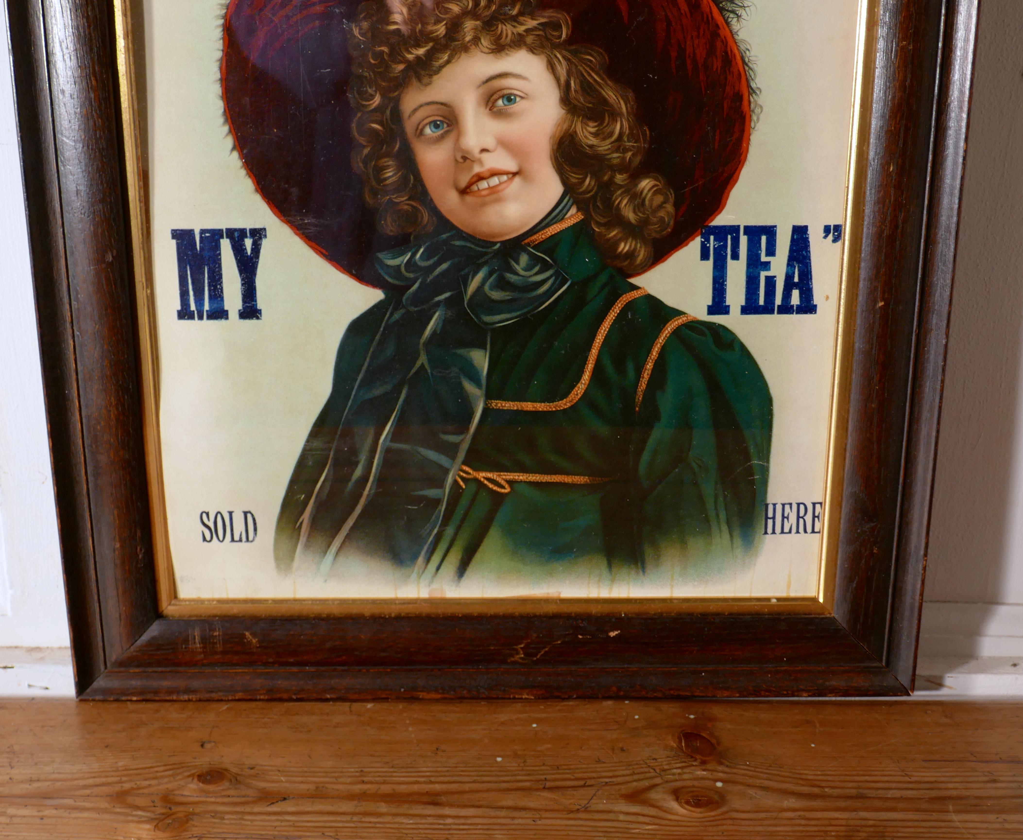 Original Edwardian framed tea advertising card poster, “L.V. TEA IS MY TEA” sold here

This is delightful original advertising sign, showing a happy young lady in period winter costume
The sign is color printed on card, it is in good condition