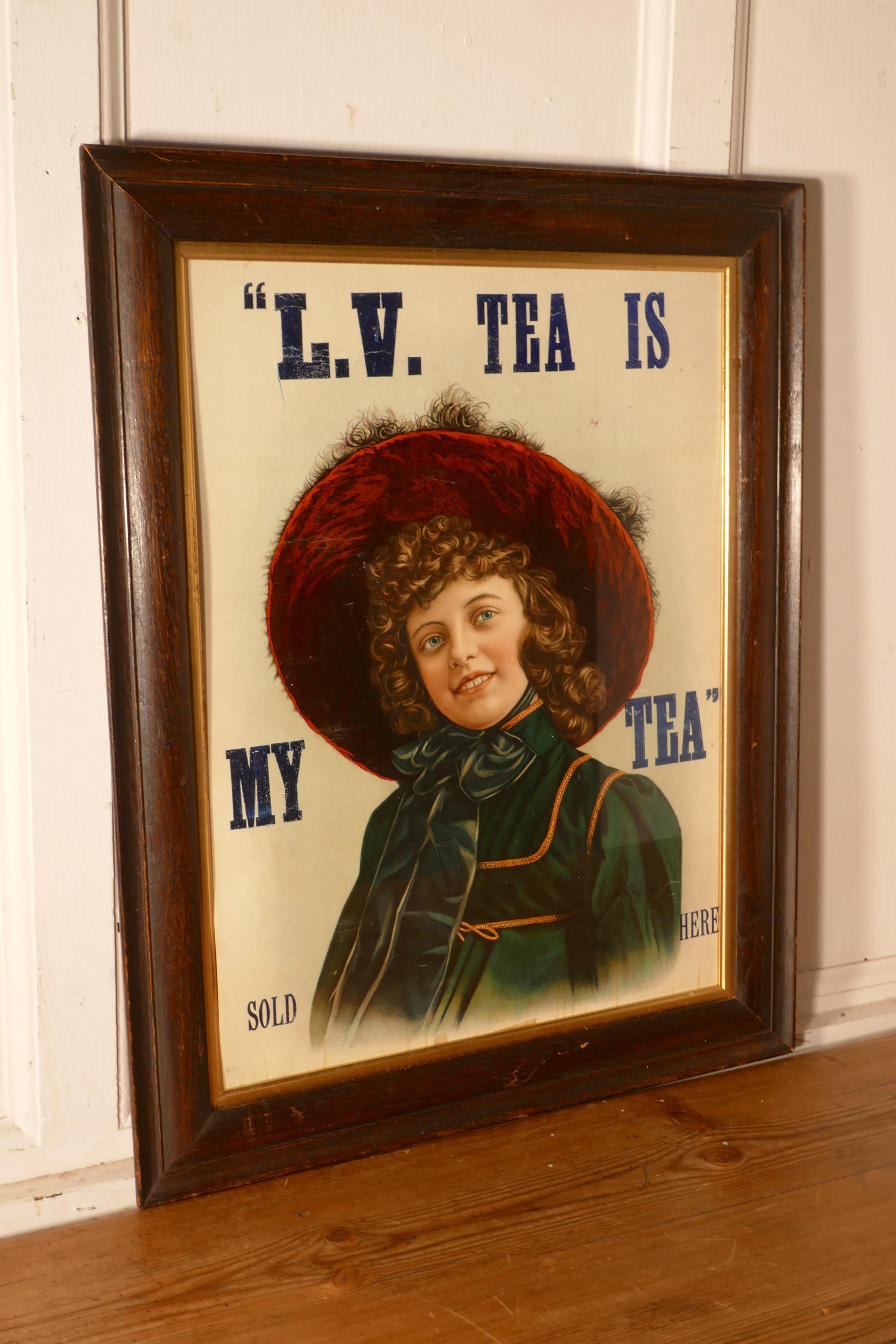 Affiche publicitaire édouardienne originale encadrée sur le thé, L.V. TEA IS MY TEA Vendu Bon état - En vente à Chillerton, Isle of Wight