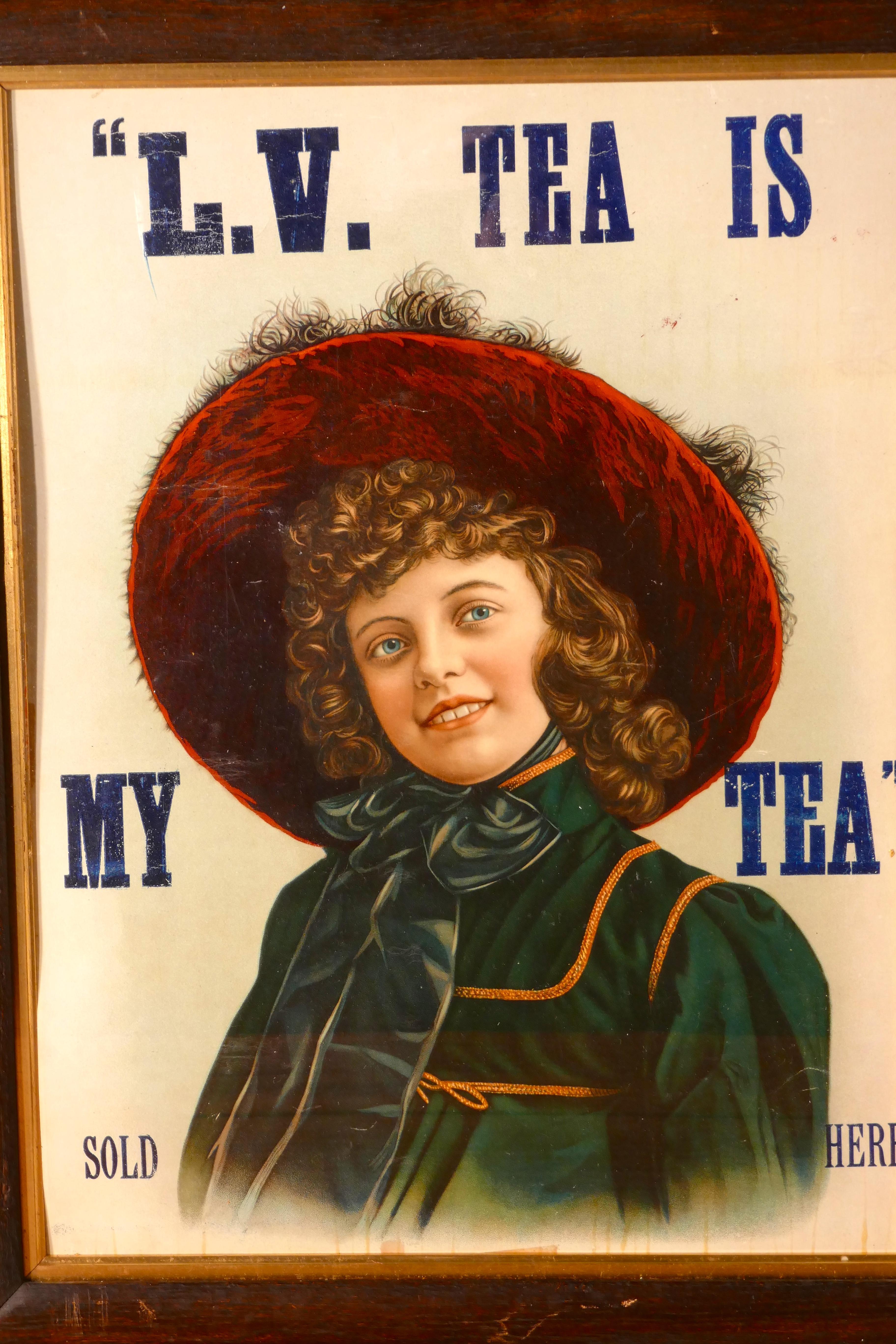 Affiche publicitaire édouardienne originale encadrée sur le thé, L.V. TEA IS MY TEA Vendu en vente 1