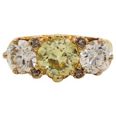 Original Edwardian Old Mine Cut Natural Fancy Yellow Three-Stone Diamond Ring