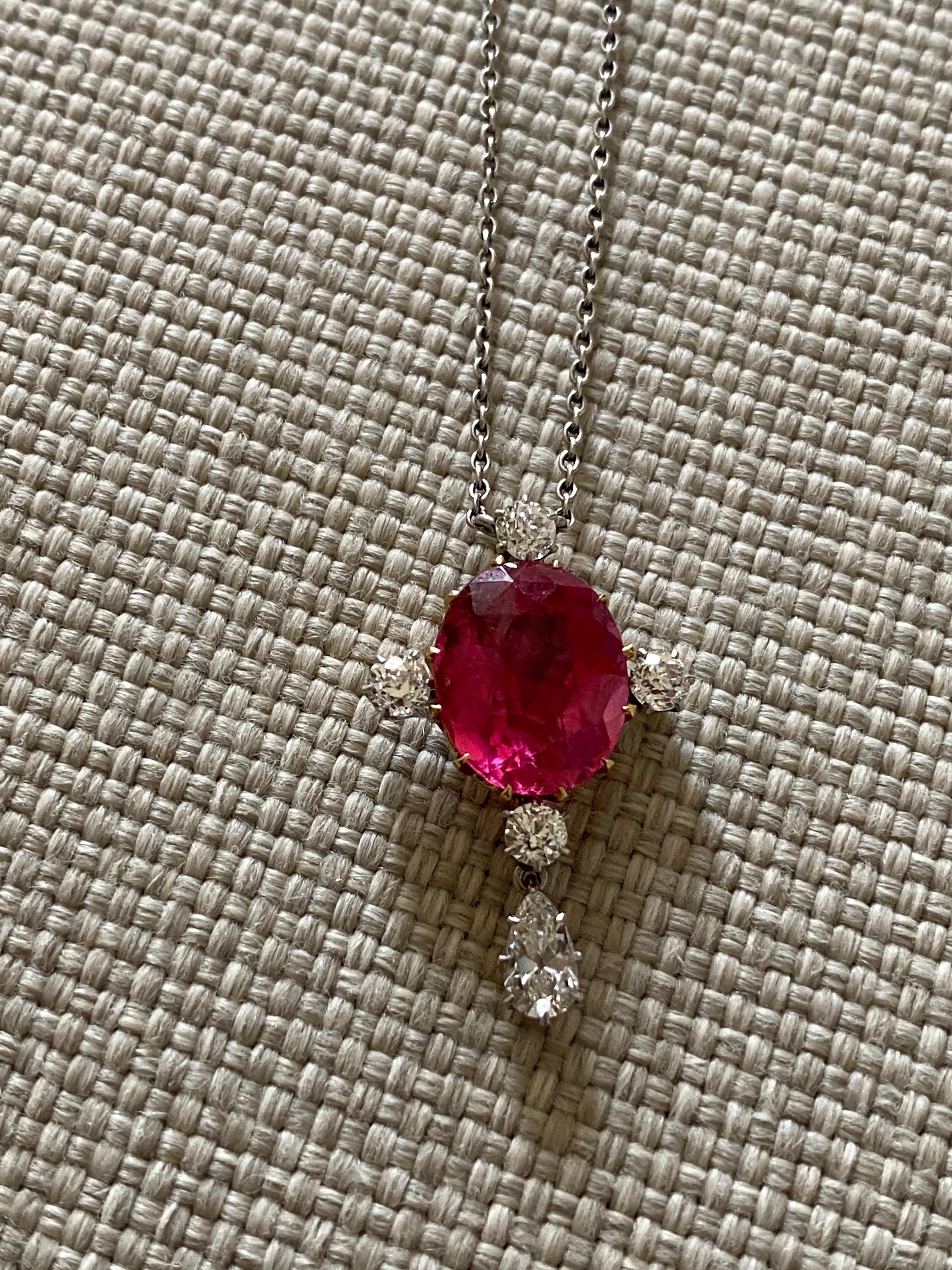 Taille mixte Mindi Mond, collier pendentif original édouardien en platine avec tourmaline rose et diamants en vente