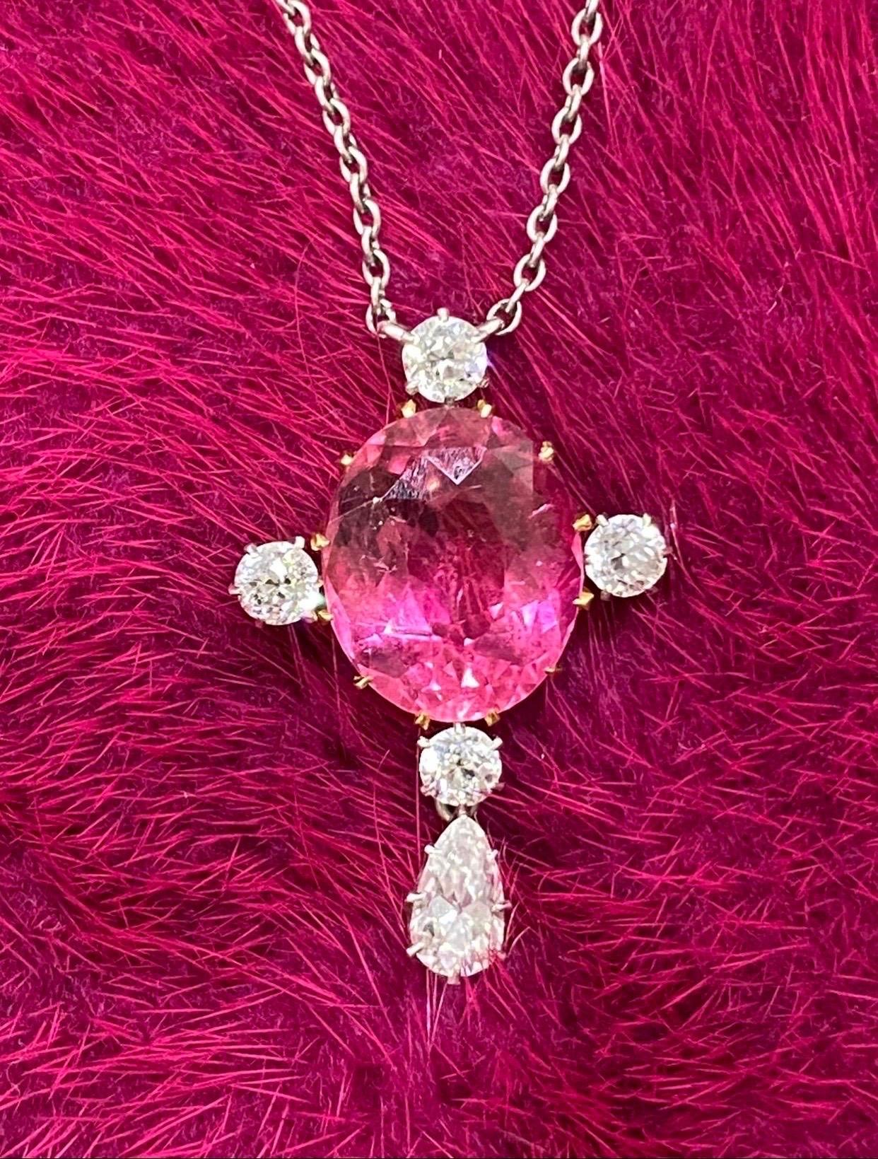 Mindi Mond, collier pendentif original édouardien en platine avec tourmaline rose et diamants en vente 1