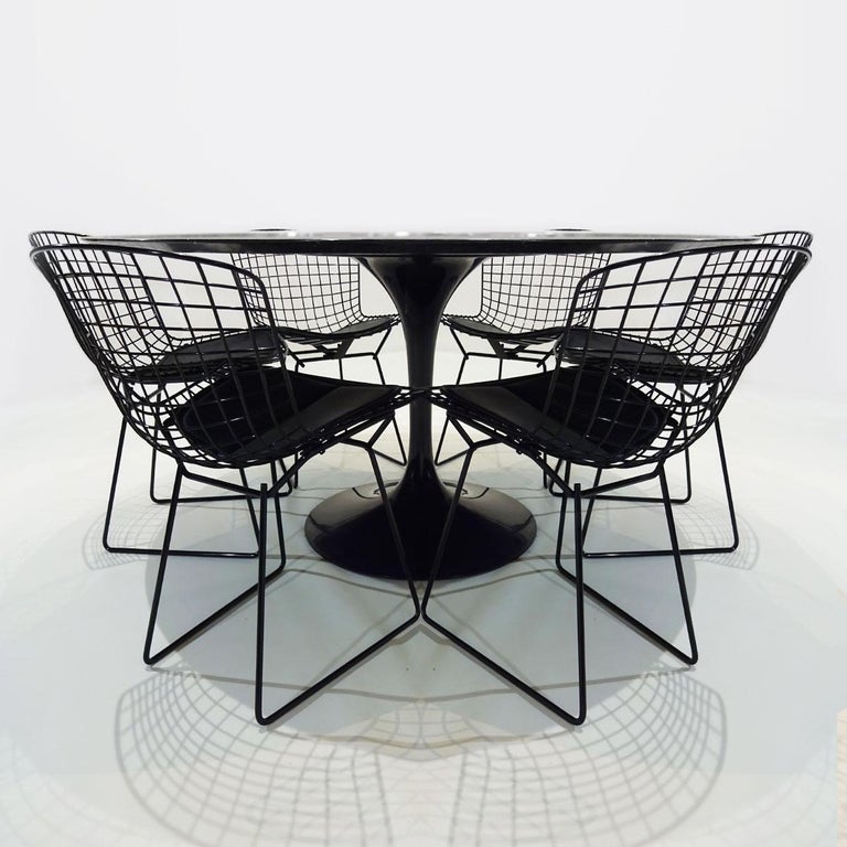 Original Eero Saarinen Black Marble Tulip Dining Table and Bertoia Wire