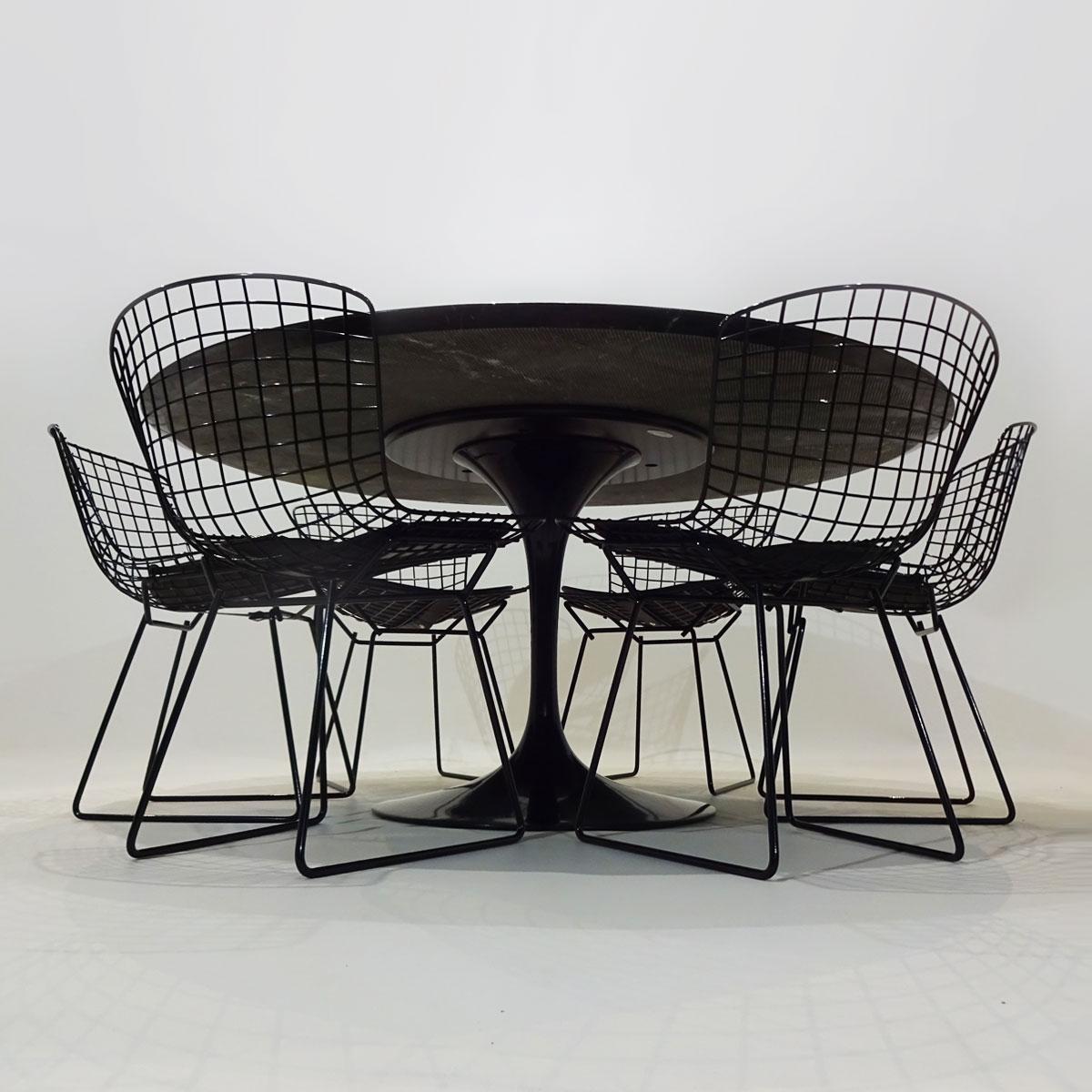 Mid-Century Modern Original Eero Saarinen Black Marble Tulip Dining Table and Bertoia Wire Chairs