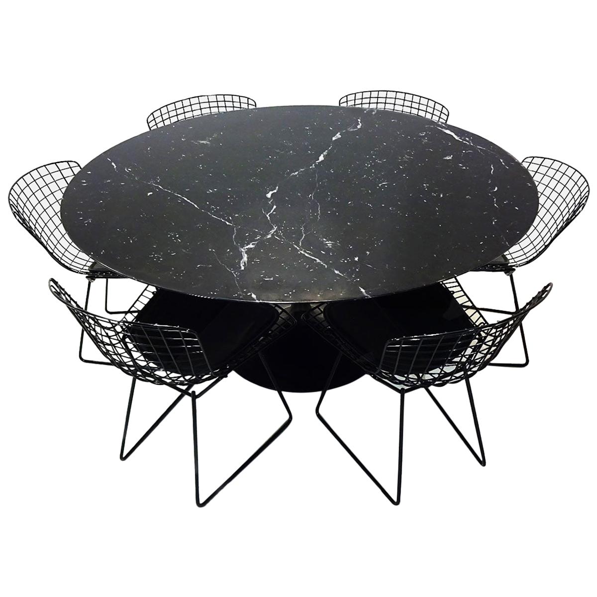 Original Eero Saarinen Black Marble Tulip Dining Table and Bertoia Wire Chairs