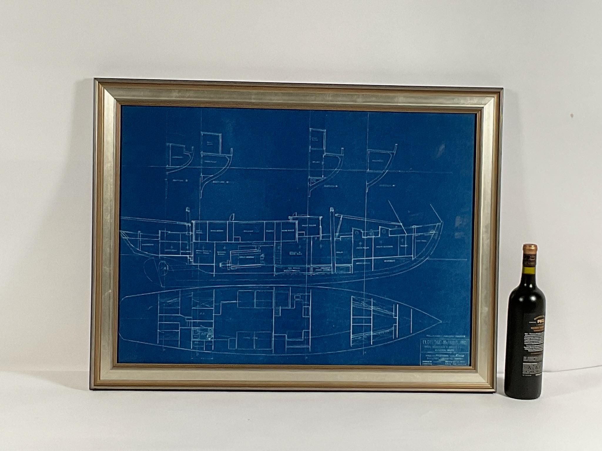 Rare yachting blueprint with legend plate showing the 