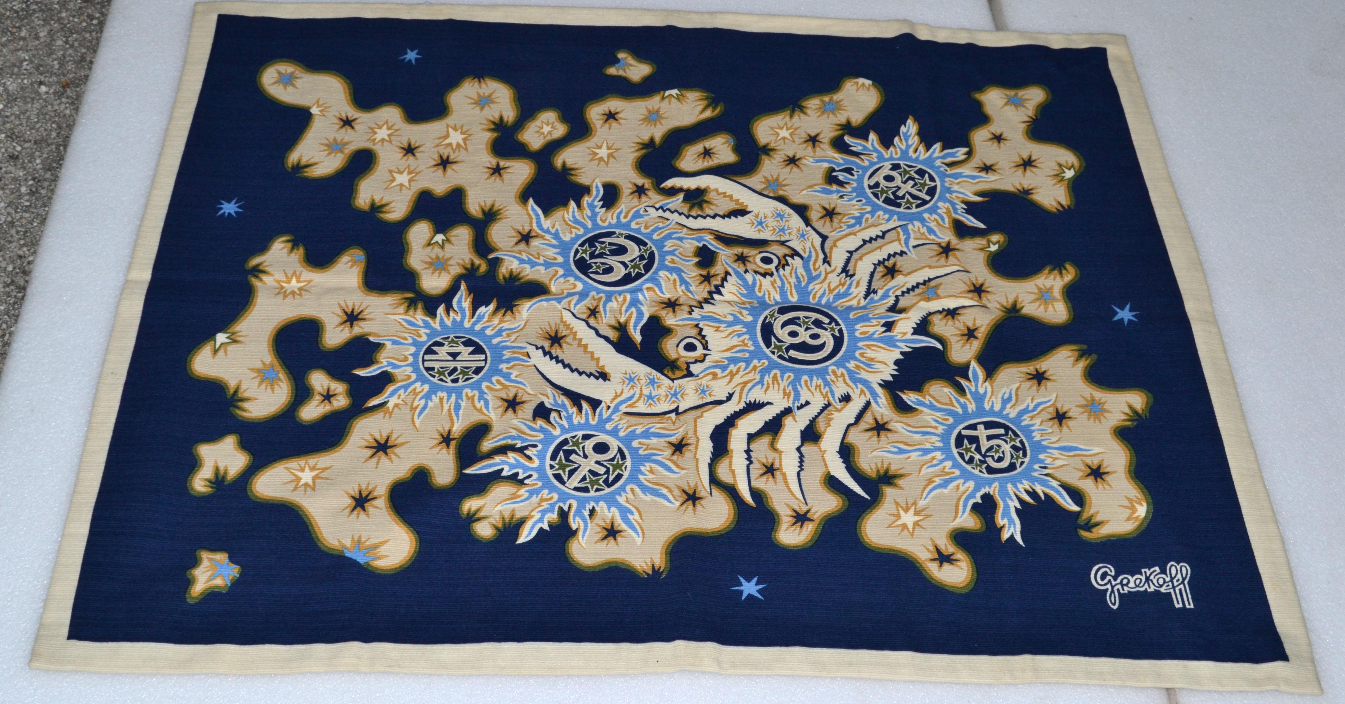Signed Zodiac Grekoff handwoven tapestry in wool & cotton, titled Cancer.
Marked at the Front right corner and proof of authenticity on the reverse.