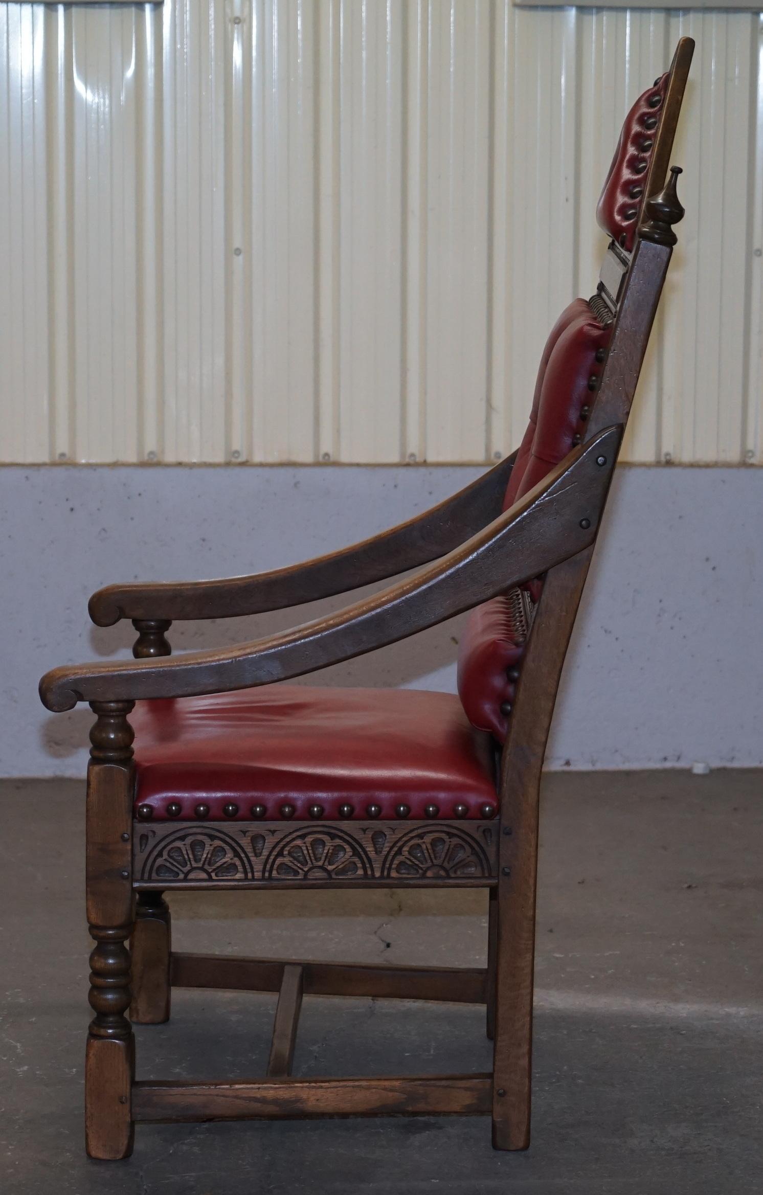 Original Elizabeth II Silver Jubilee Throne Armchair English Oxblood Oak Leather 7