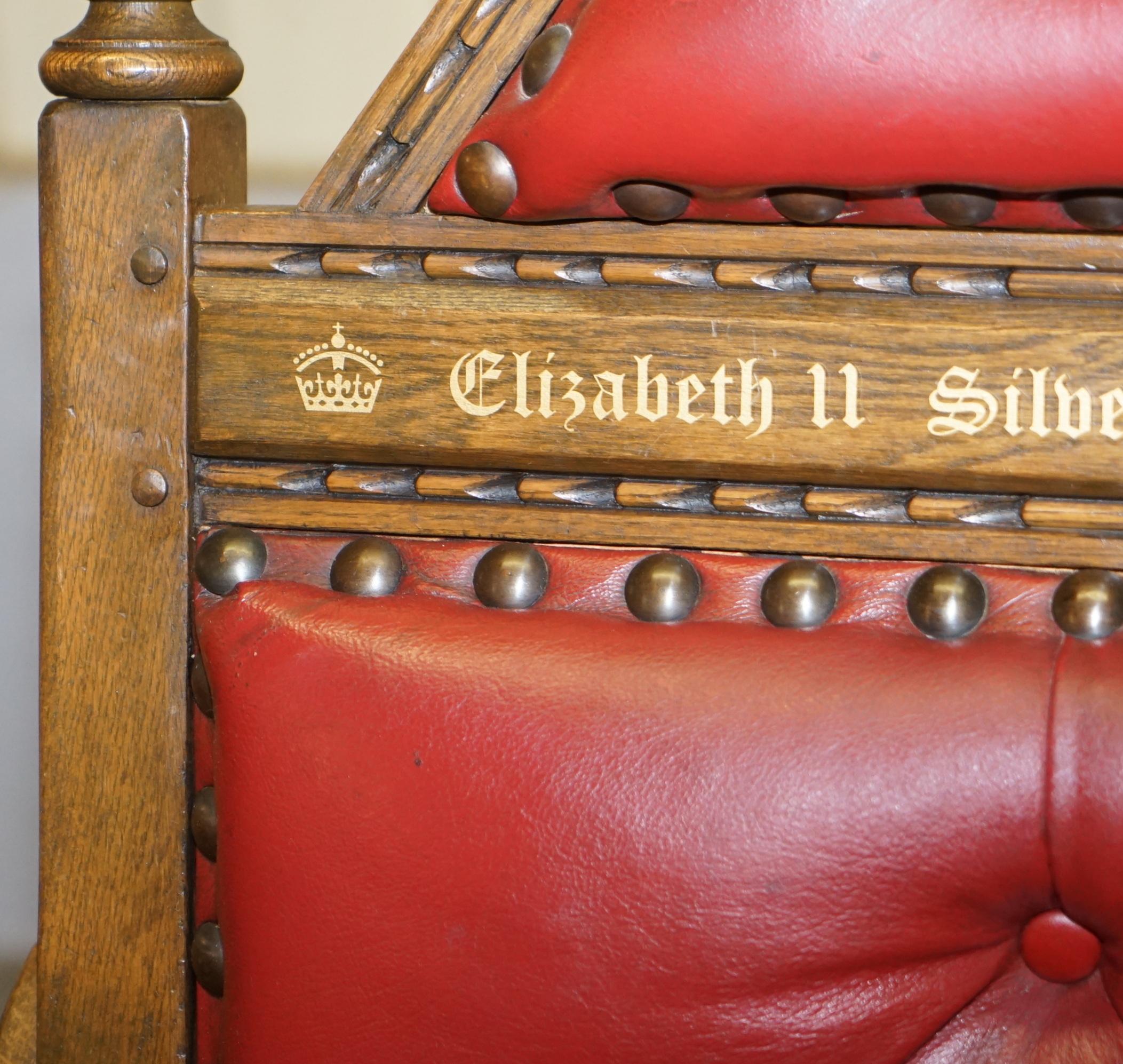 Mid-Century Modern Original Elizabeth II Silver Jubilee Throne Armchair English Oxblood Oak Leather