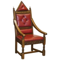 Original Elizabeth II Silver Jubilee Throne Armchair English Oxblood Oak Leather