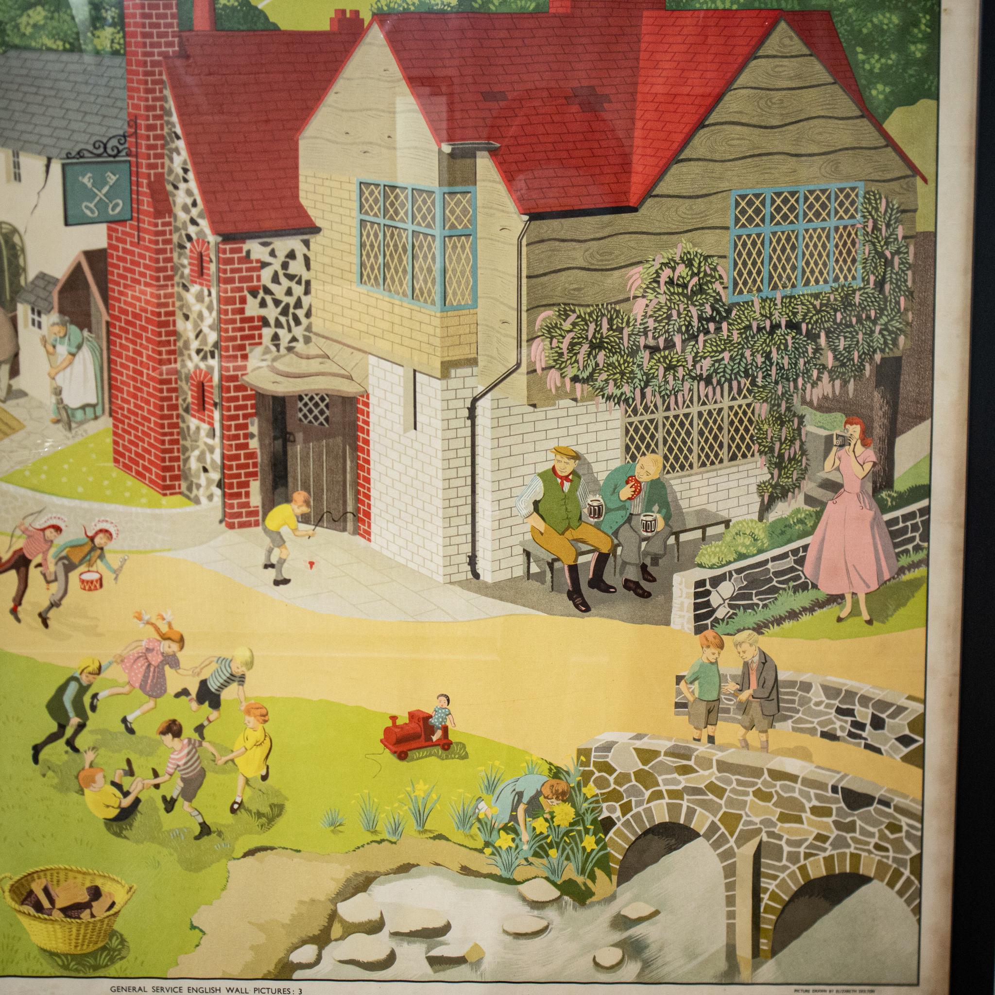 Una colorata immagine da parete del servizio generale britannico della metà del XX secolo, questa è la numero 3 di una serie pubblicata negli anni '50 da The Longman Group Ltd. Raffigura la vita di campagna, mostrando una scena di paesaggio con il