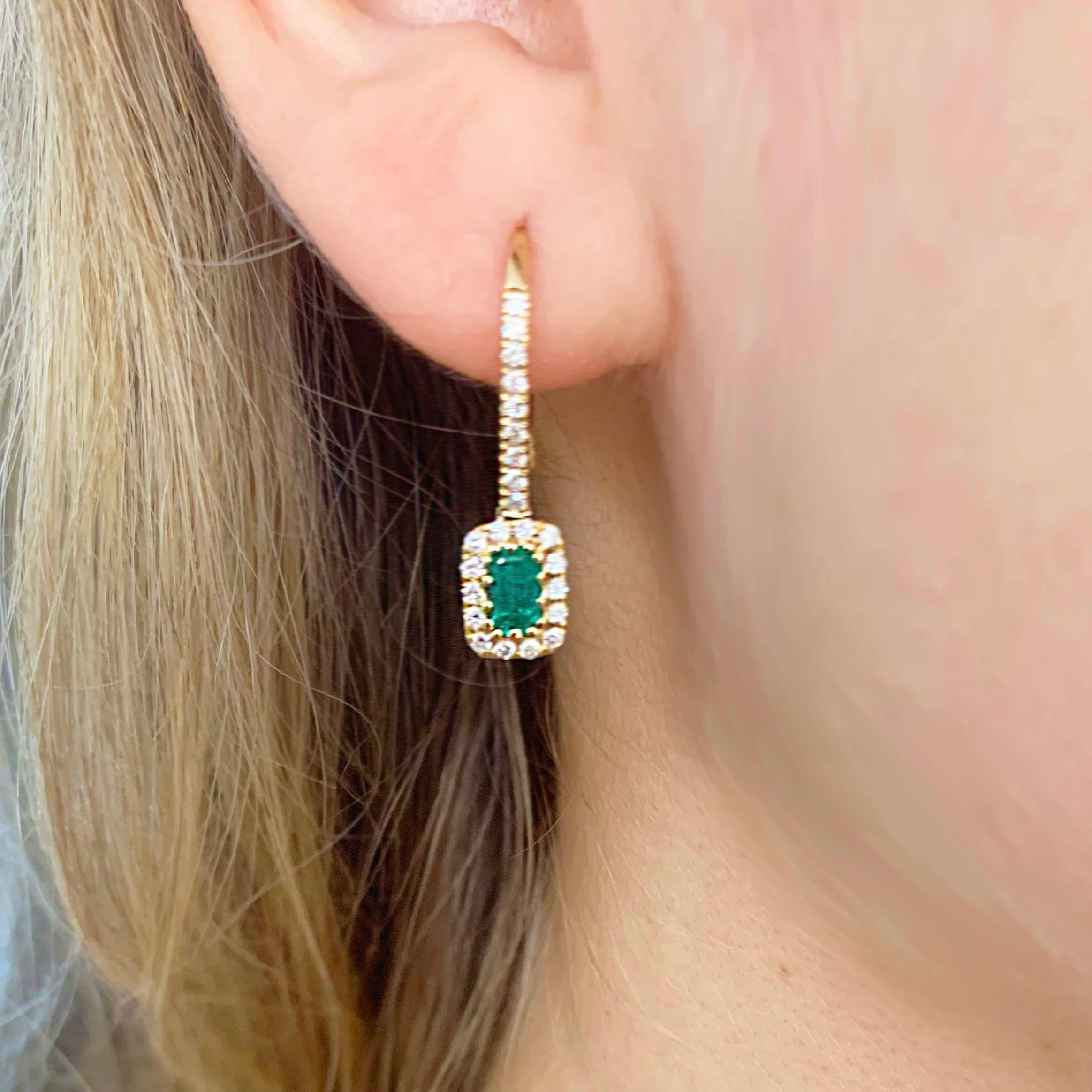 Modern Original Emerald and Diamond Earring Dangles in 14 Karat Yellow Gold