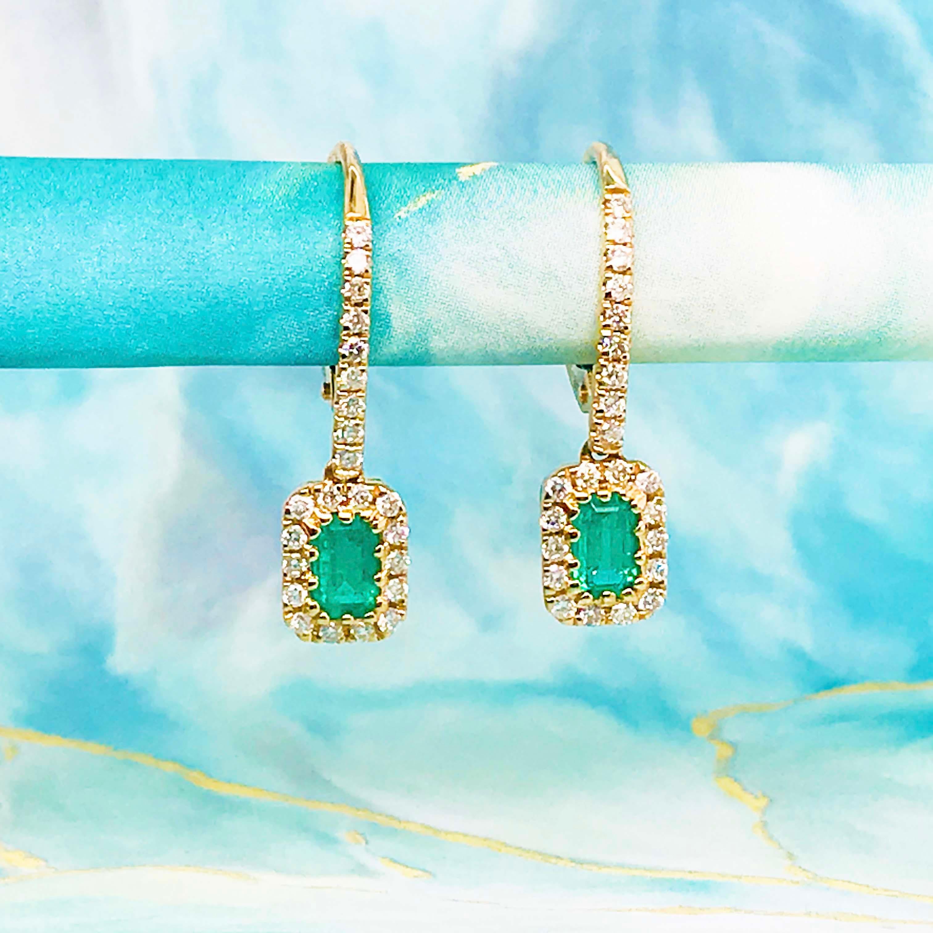 Original Emerald and Diamond Earring Dangles in 14 Karat Yellow Gold In New Condition In Austin, TX