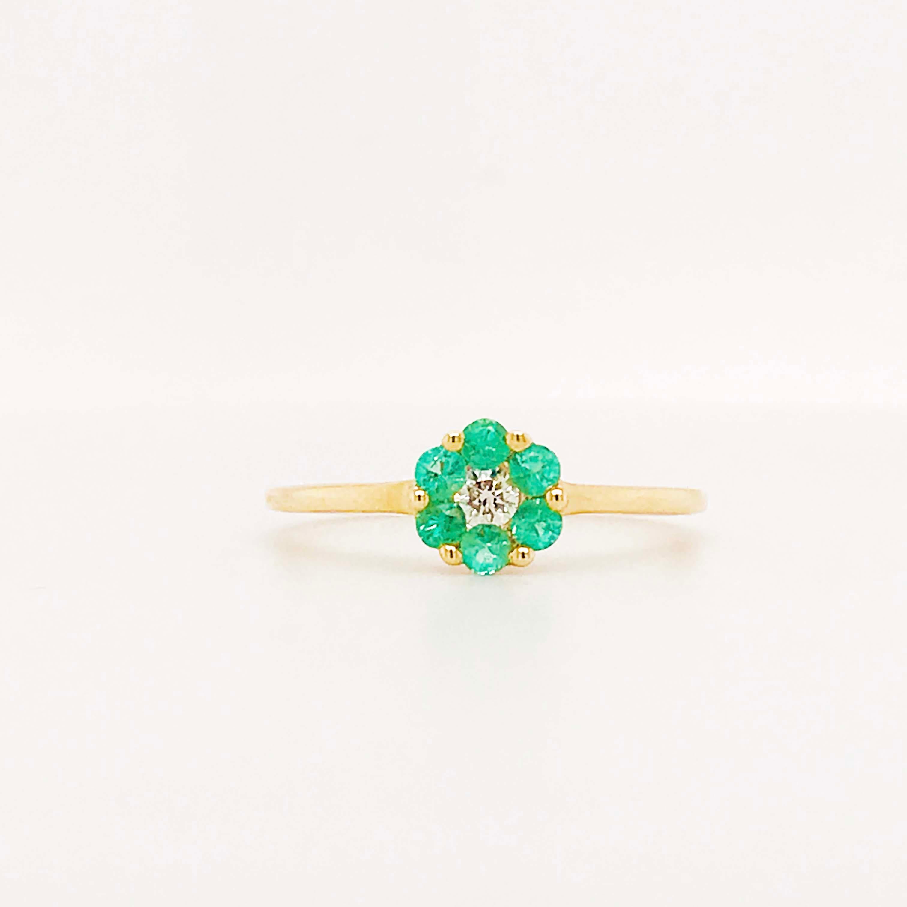 Modernist Original Emerald and Diamond Cluster Flower Ring, May Birthstone Ring