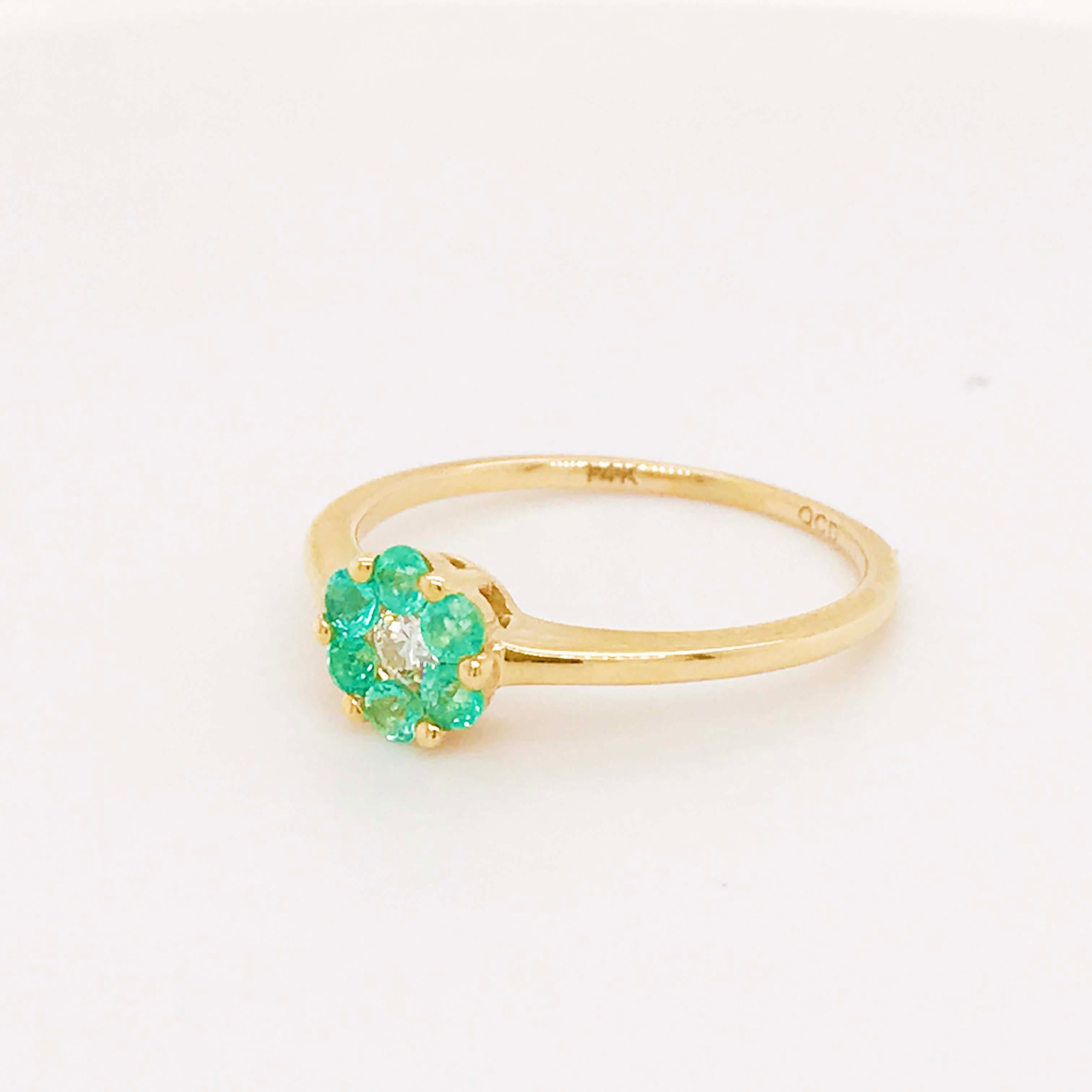 Round Cut Original Emerald and Diamond Cluster Flower Ring, May Birthstone Ring