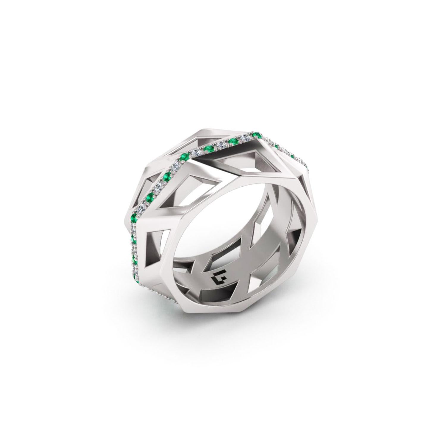 White 18K Gold Ring 
*Same Model with another stones and gold available 

Diamond 0,123 ct
Emerald 0,123 ct
Weight 10 grams
 
This collection was created inspired by the wonderful and controversial
Castel Del Monte (Castle of the Mountain) erected