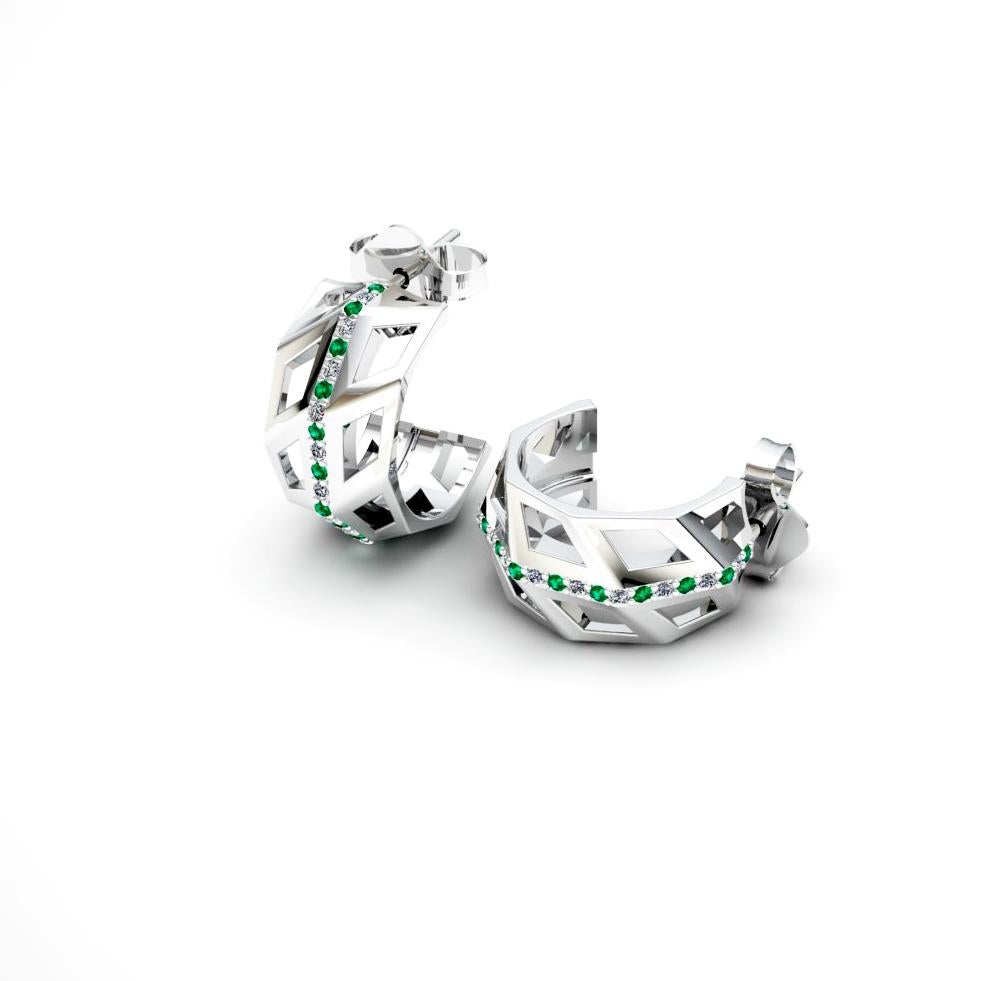 White 18K Gold Earrings
*Same Model with another stones and gold available 

Diamond 0,21 ct
Emerald 0,21 ct
Weight 12 grams
 
This collection was created inspired by the wonderful and controversial
Castel Del Monte (Castle of the Mountain) erected