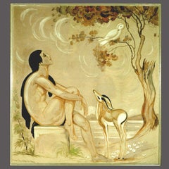 Original Emile Aubry Art Deco Painting "La Voix De Pan", Groupe Symbolique