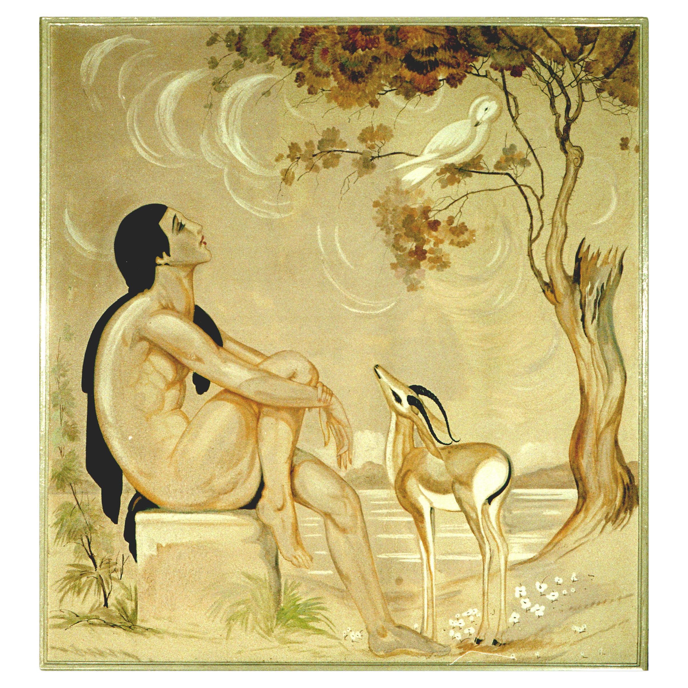 Pintura Art Déco original de Emile Aubry "La Voix De Pan", Groupe Symbolique