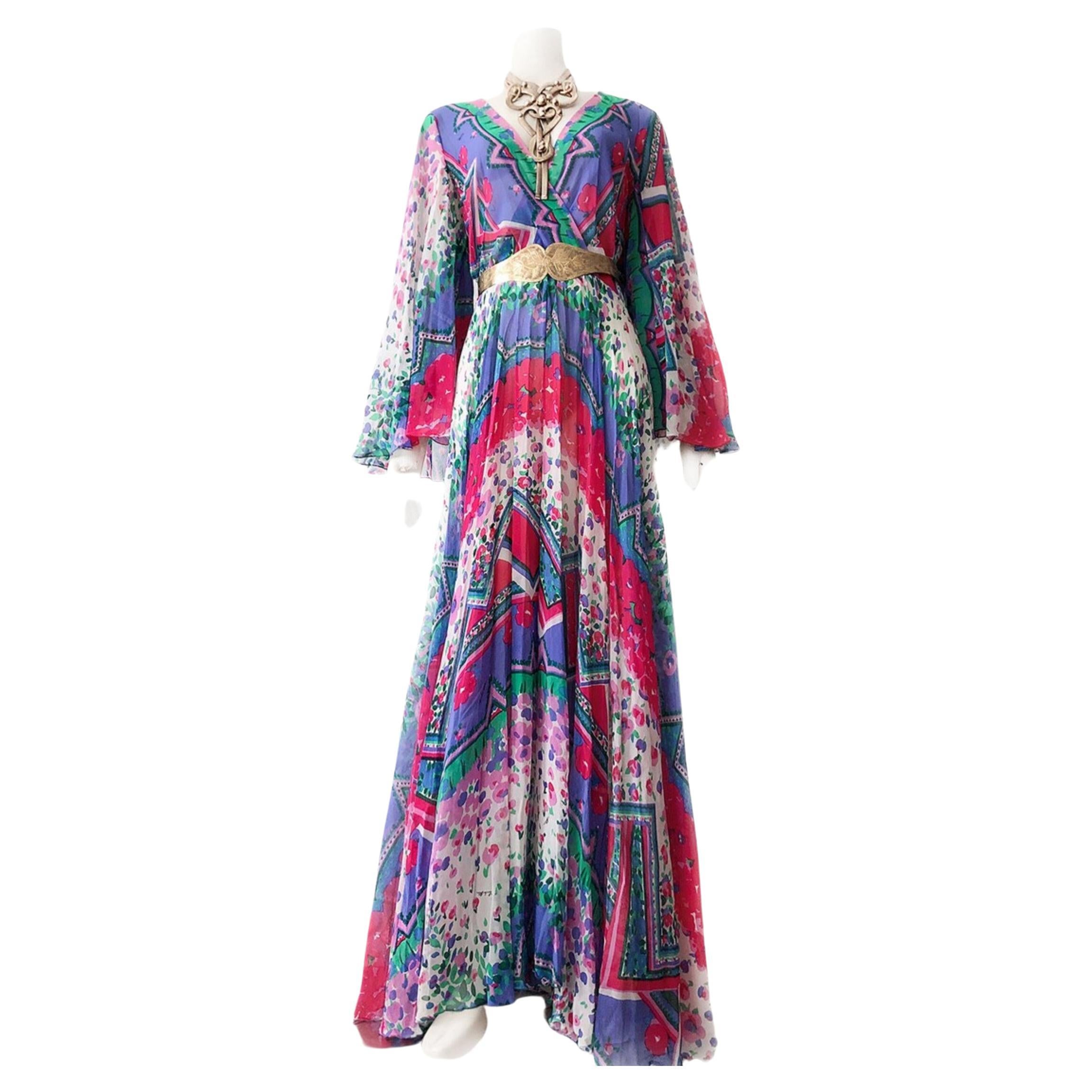 Original Emilia Bellini Seda Pura 1960 Firma Maxivestido 60s 70s Diosa en venta