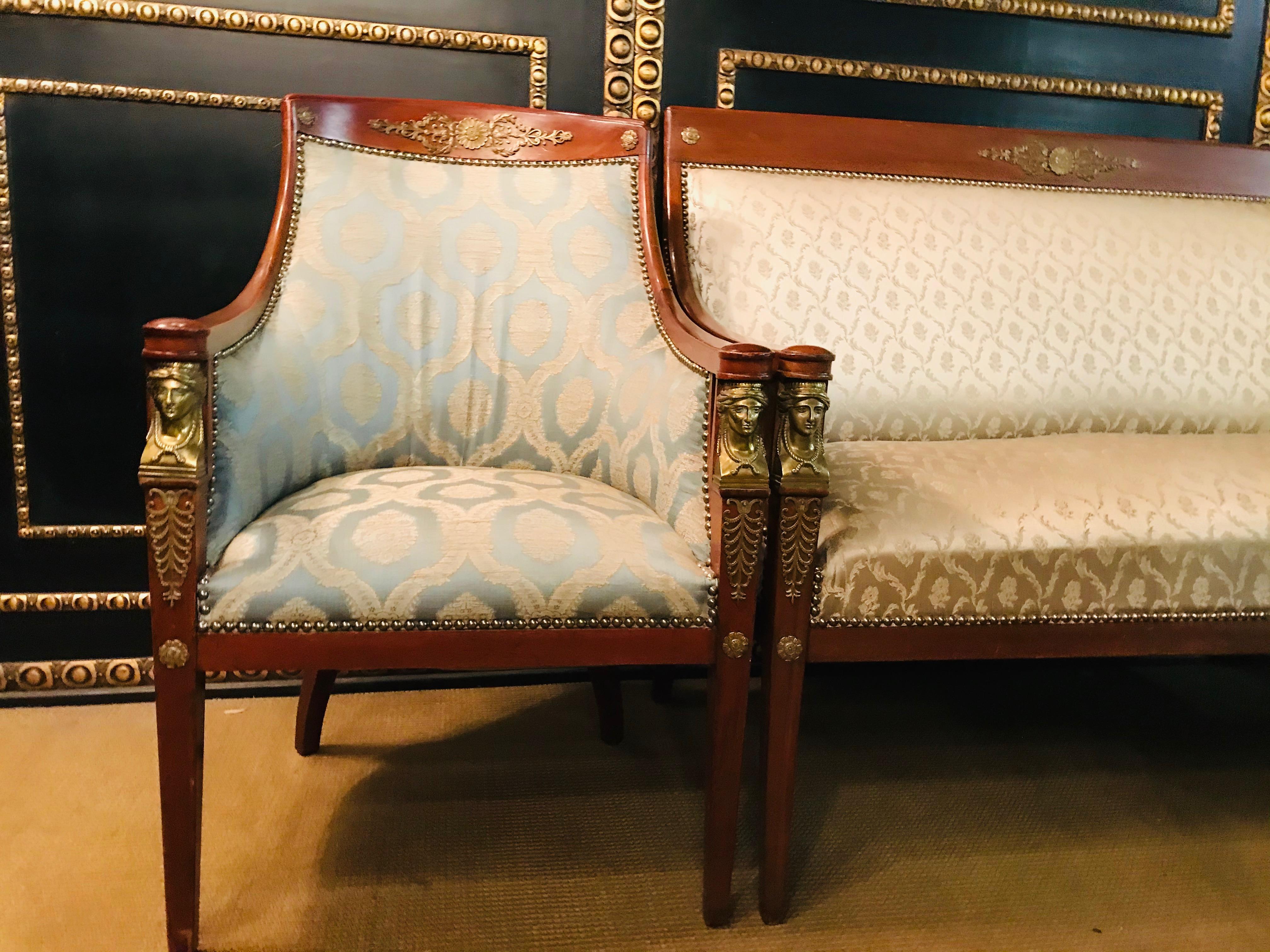 Original Empire-Set aus einem Sofa, 2 Sessel und 1 Tisch Mahagoni mit Bronzefigur im Angebot 6