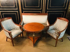 Original Empire Set of a Sofa 2 Armchairs and 1 Table Mahogany with Bronze Figur
