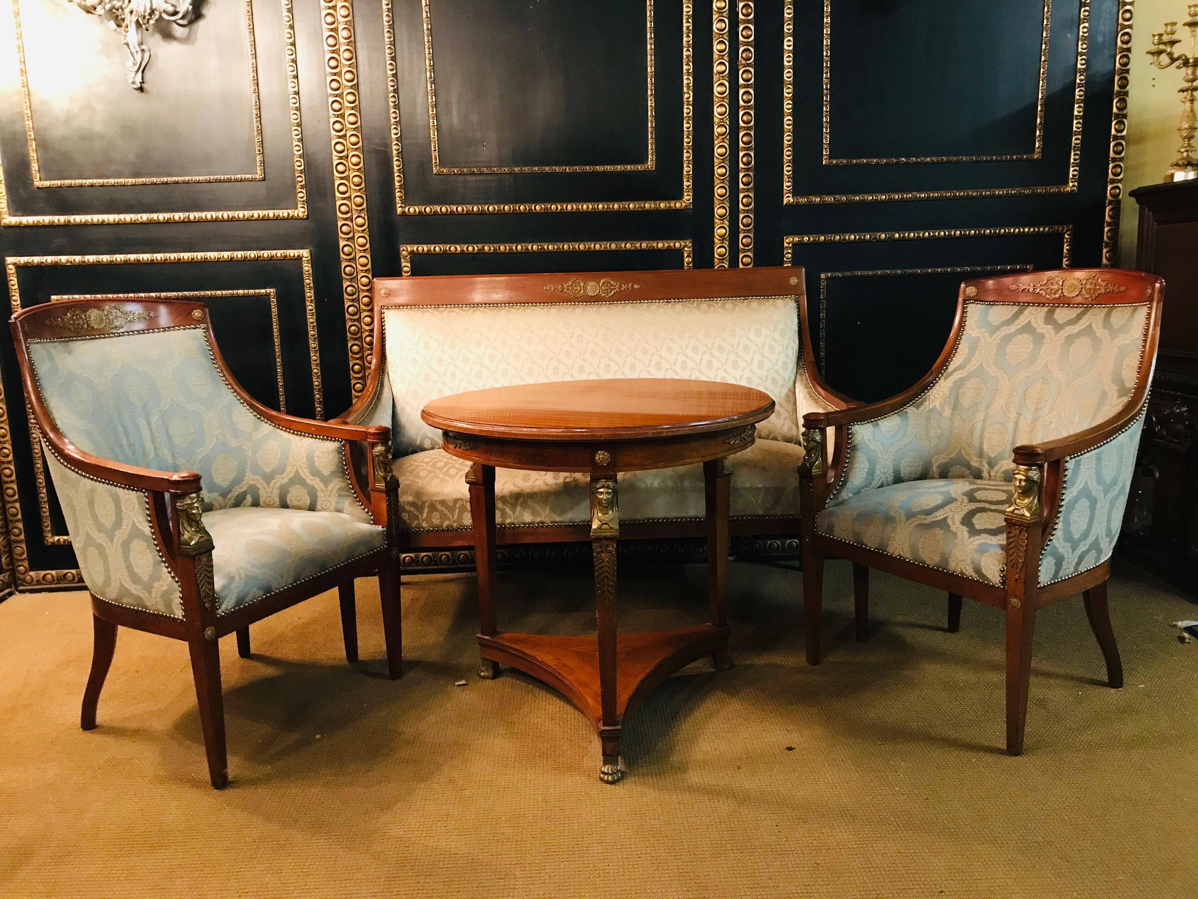 French Original Empire Set of a Sofa 2 Armchairs and 1 Table Mahogany with Bronze Figur For Sale