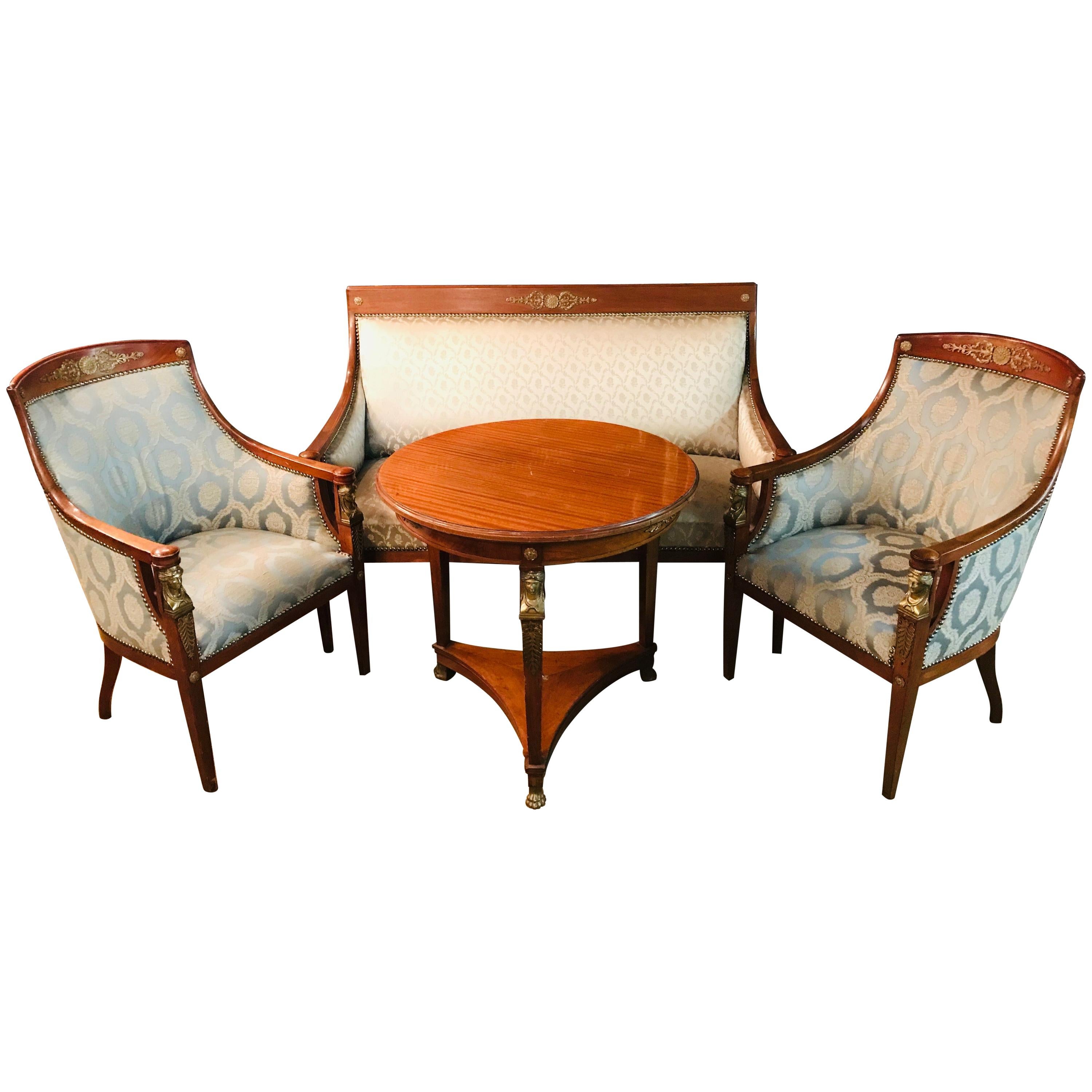 Original Empire-Set aus einem Sofa, 2 Sessel und 1 Tisch Mahagoni mit Bronzefigur