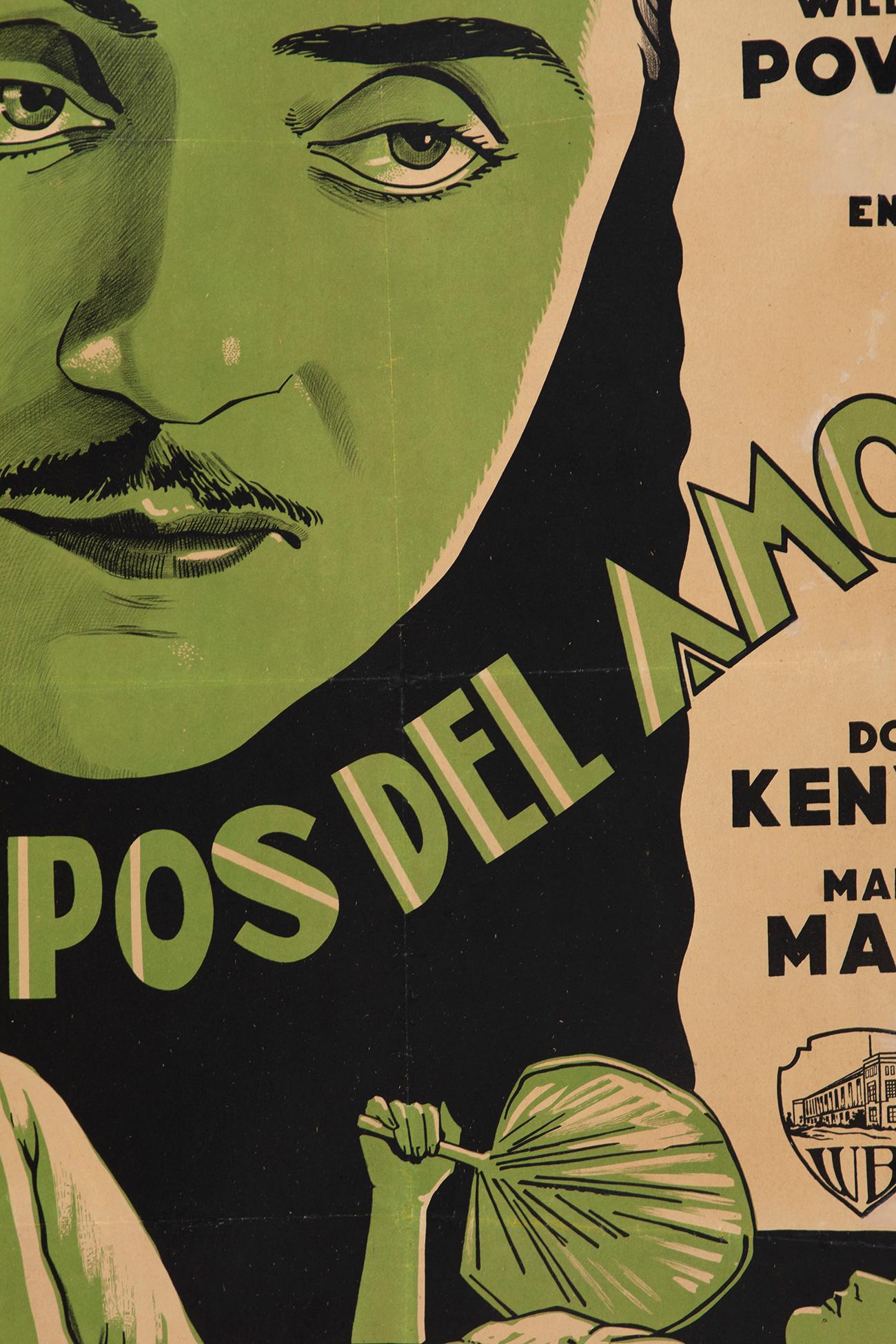 Original 1931 Spanish film poster for the Warner Bros and First National production of ‘En Pos Del Amor’ featuring the late William Powell. Linen-backed and stamped RTI, MARI Y C Barcelona. 
Barcelona, 1931.

Additional information:
H 100 cm (H