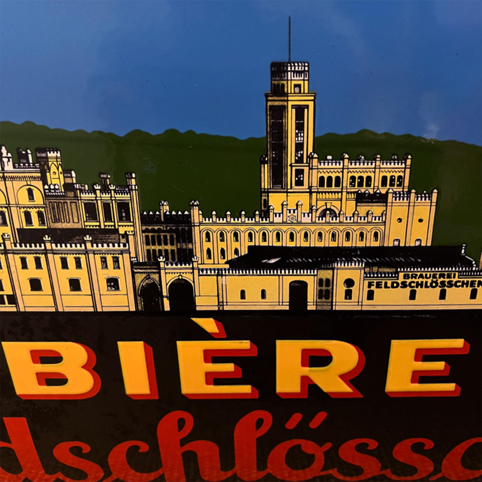 Hand-Painted Original Enamel 1950s Sign From The Swiss Brewery of Feldschlösschen