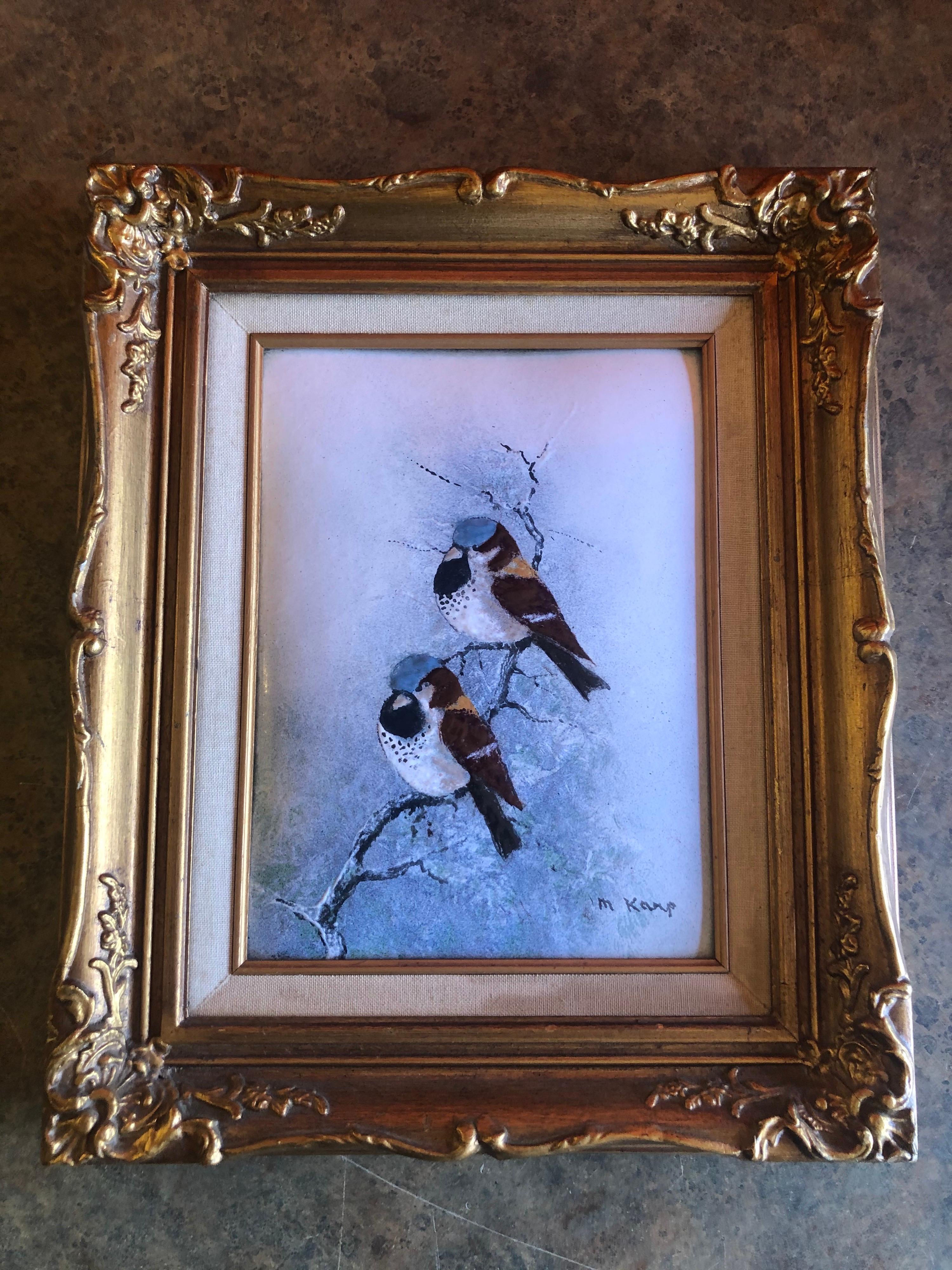 Incredible original enamel on copper painting by noted artist Max Karp, circa 1970s. 

The piece depicts two small birds on a branch and is nicely presented in a gold leaf wooden frame; the piece measures 9