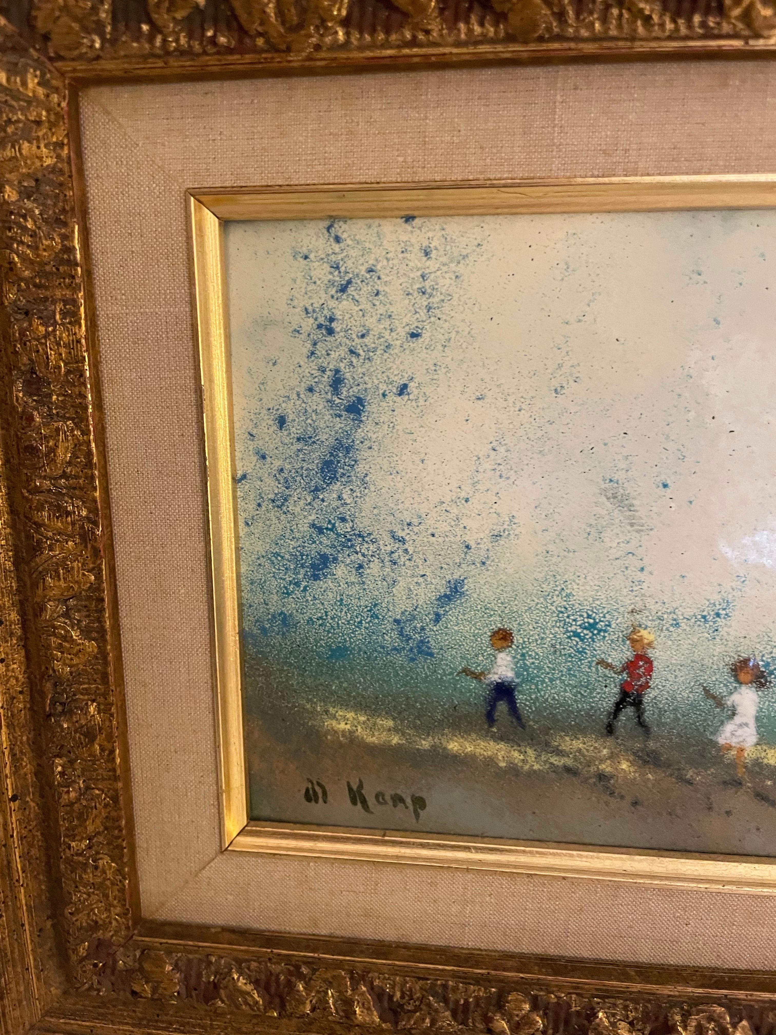 Kleine Emailmalerei auf Kupfer von D. Karp. Eine sehr süße Komposition aus einem Familienspaziergang.