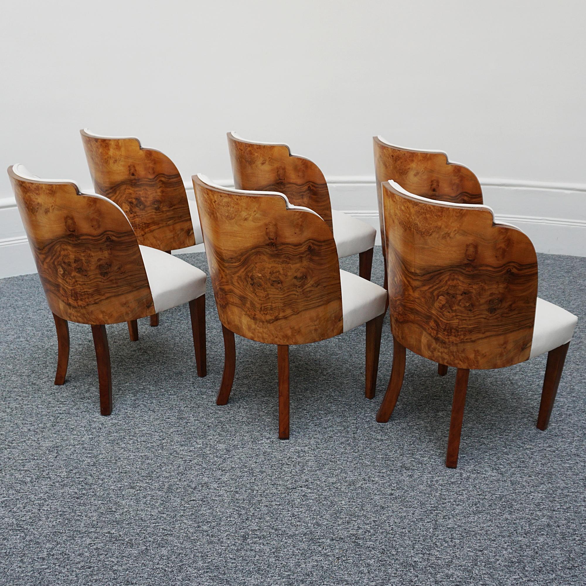 Original English Art Deco Burr Walnut Six Seater Dining Table and Chairs 6