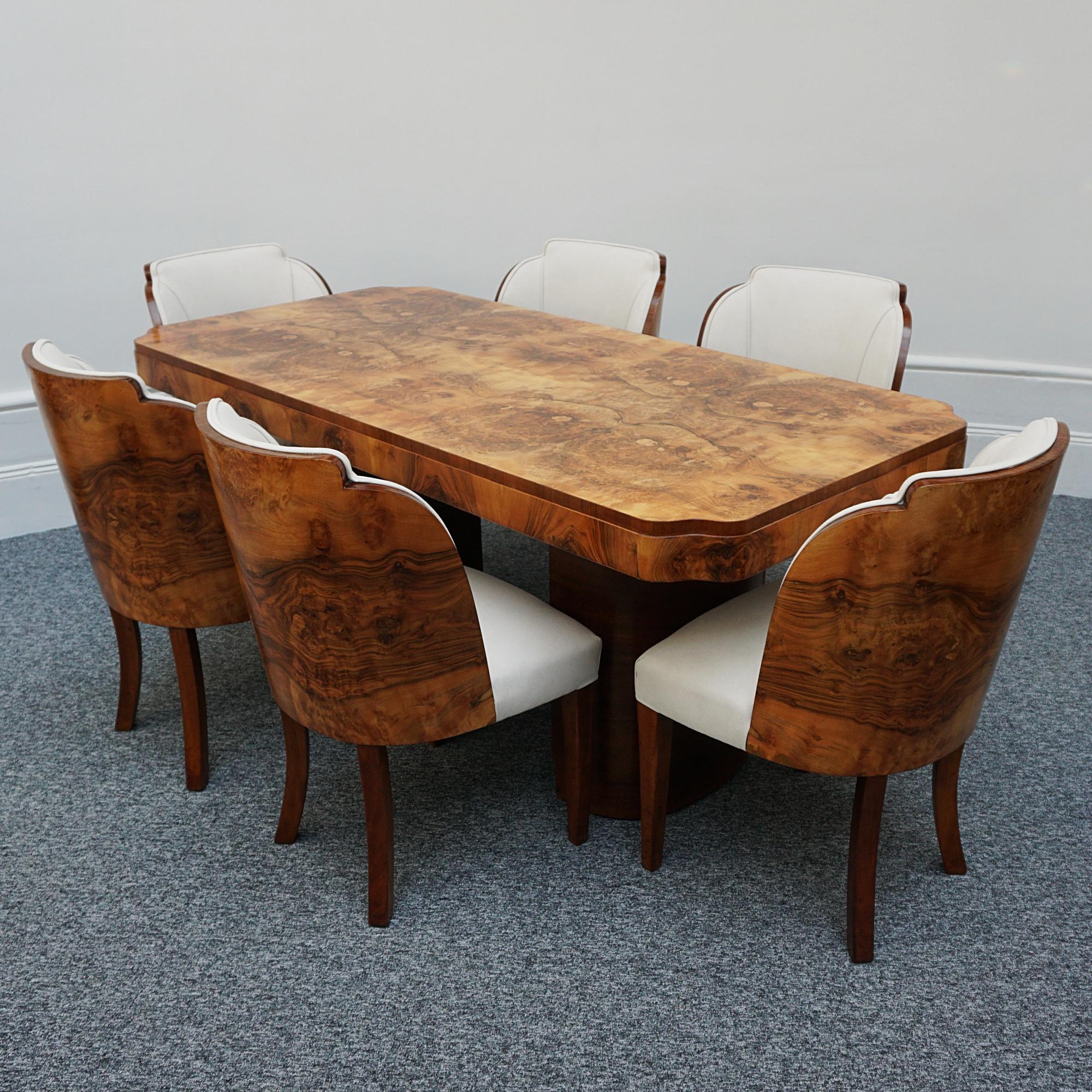 Original English Art Deco Burr Walnut Six Seater Dining Table and Chairs 10