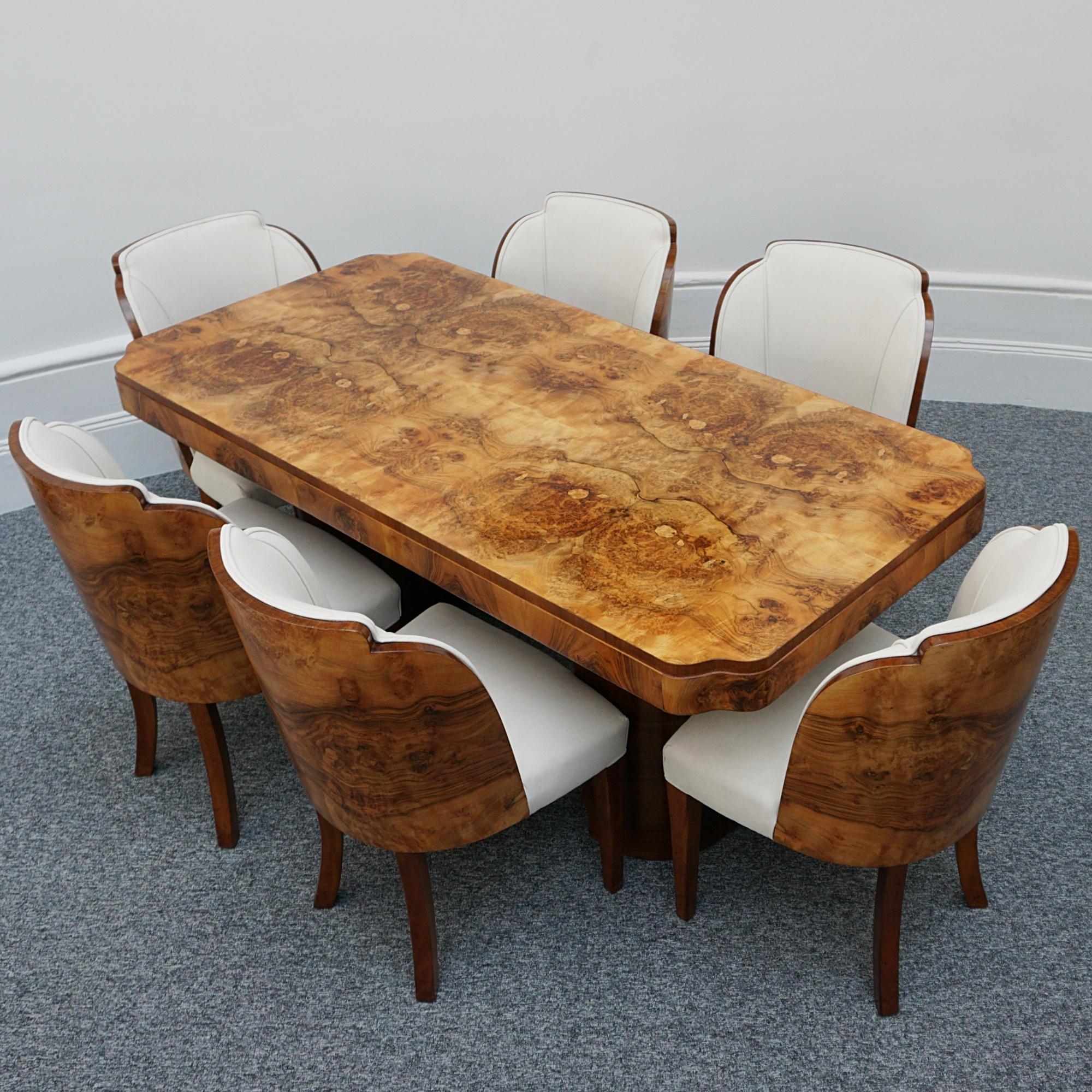 Original English Art Deco Burr Walnut Six Seater Dining Table and Chairs 11