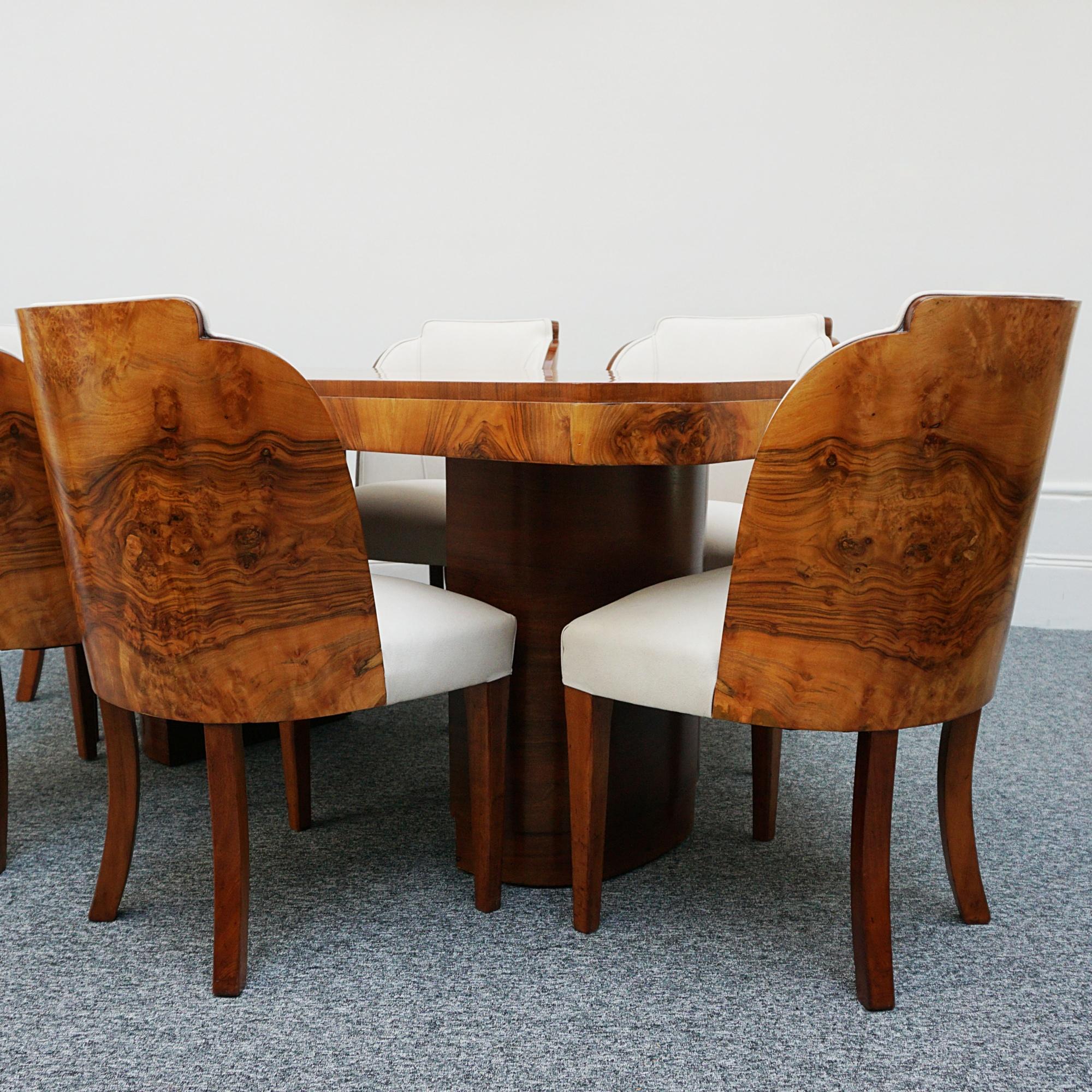 Original English Art Deco Burr Walnut Six Seater Dining Table and Chairs 12