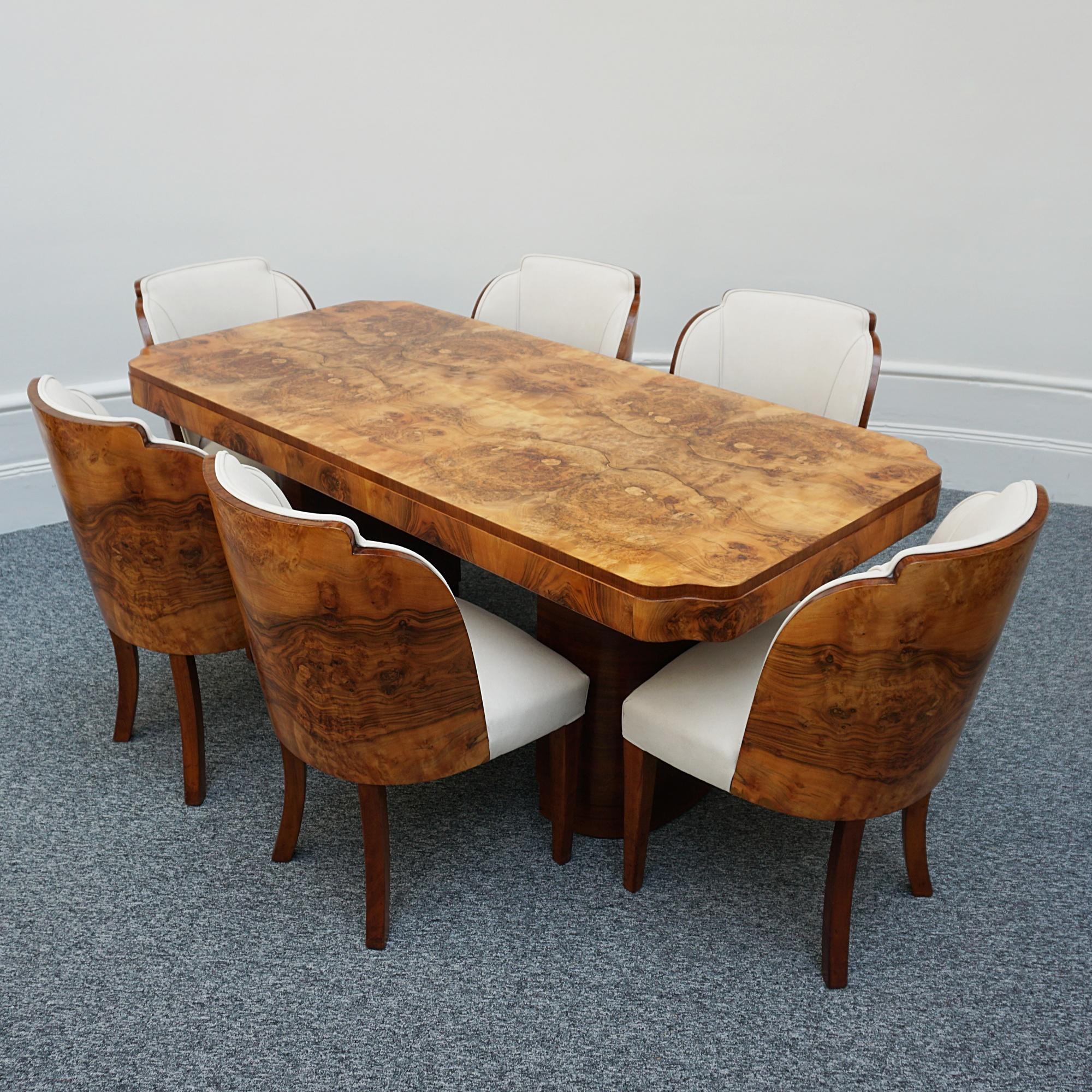Original English Art Deco Burr Walnut Six Seater Dining Table and Chairs 13