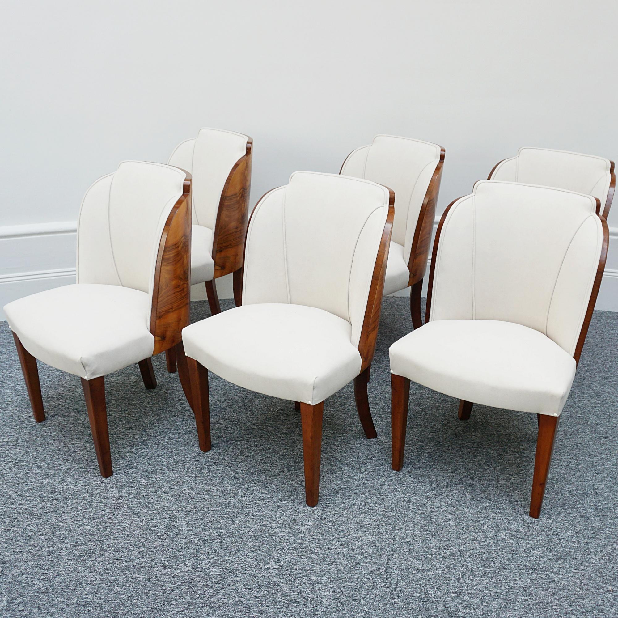 European Original English Art Deco Burr Walnut Six Seater Dining Table and Chairs
