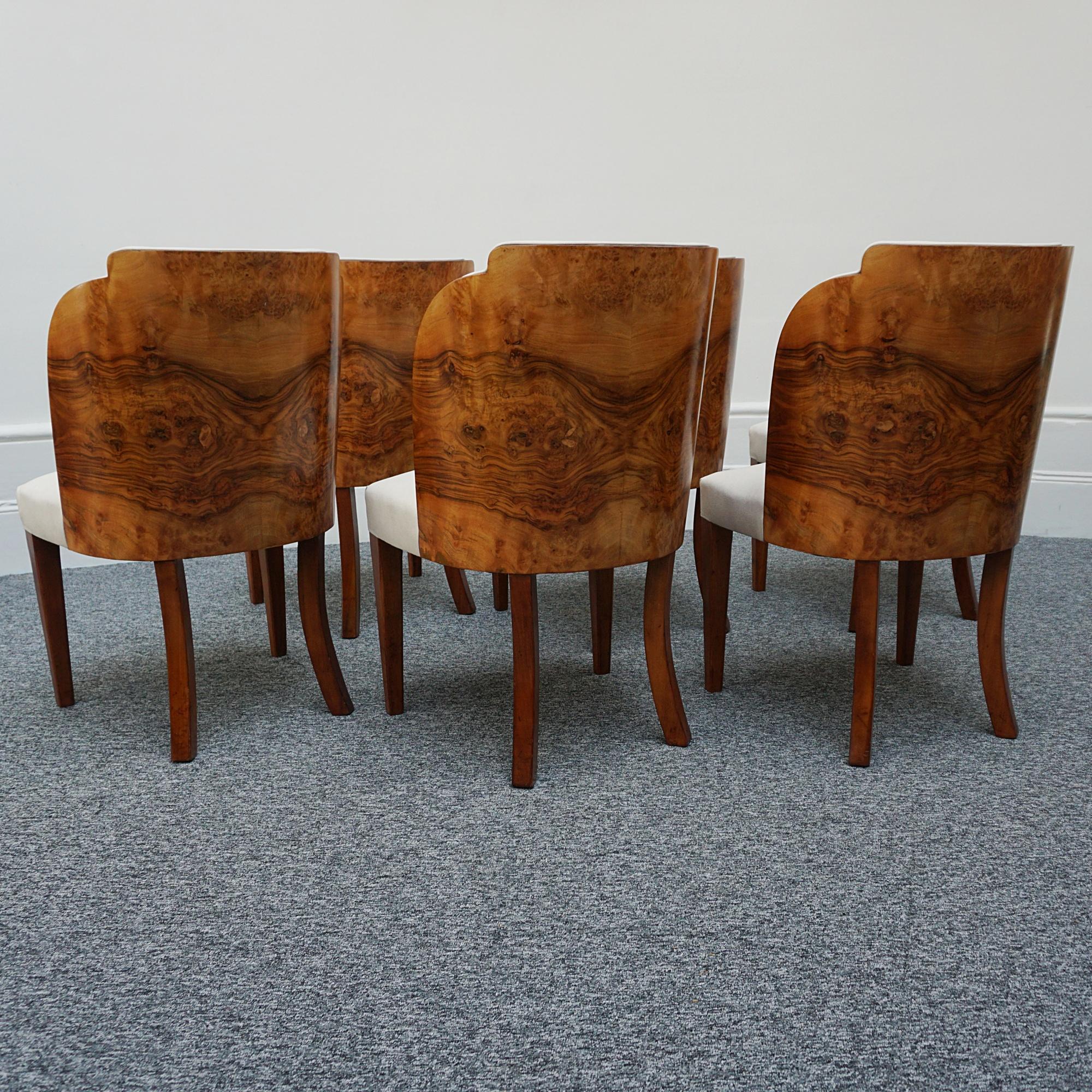 20th Century Original English Art Deco Burr Walnut Six Seater Dining Table and Chairs