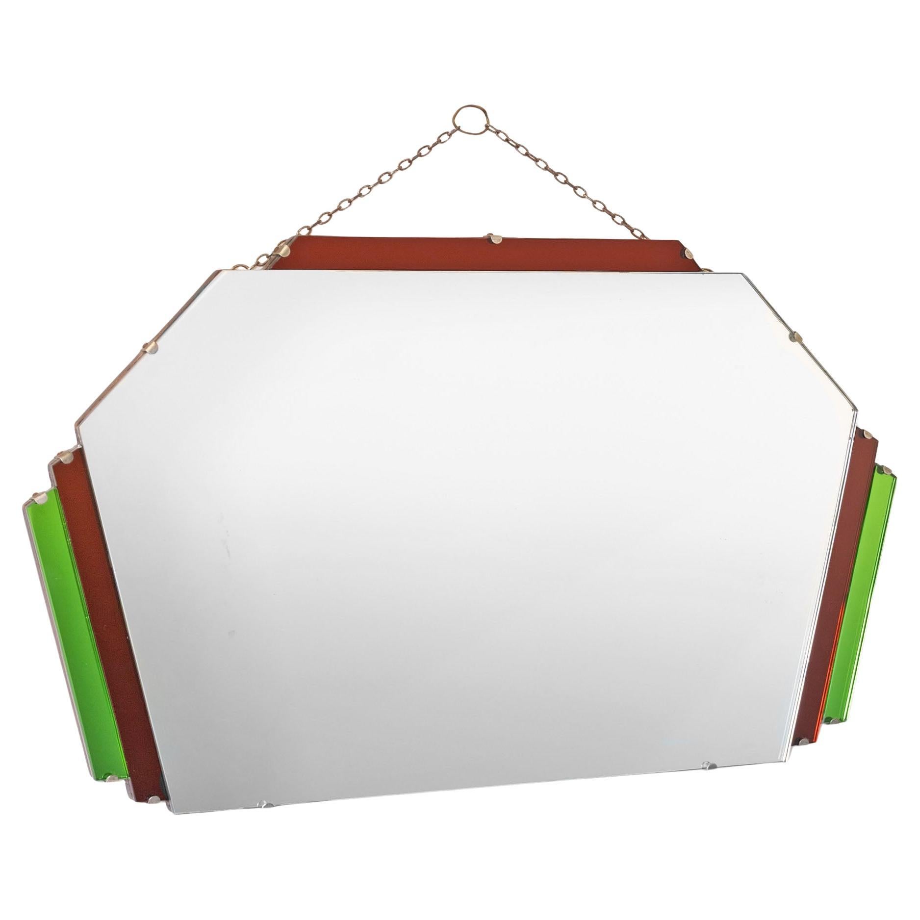 Original English Art Deco Geometric Wall Mirror Red Green 1930 For Sale