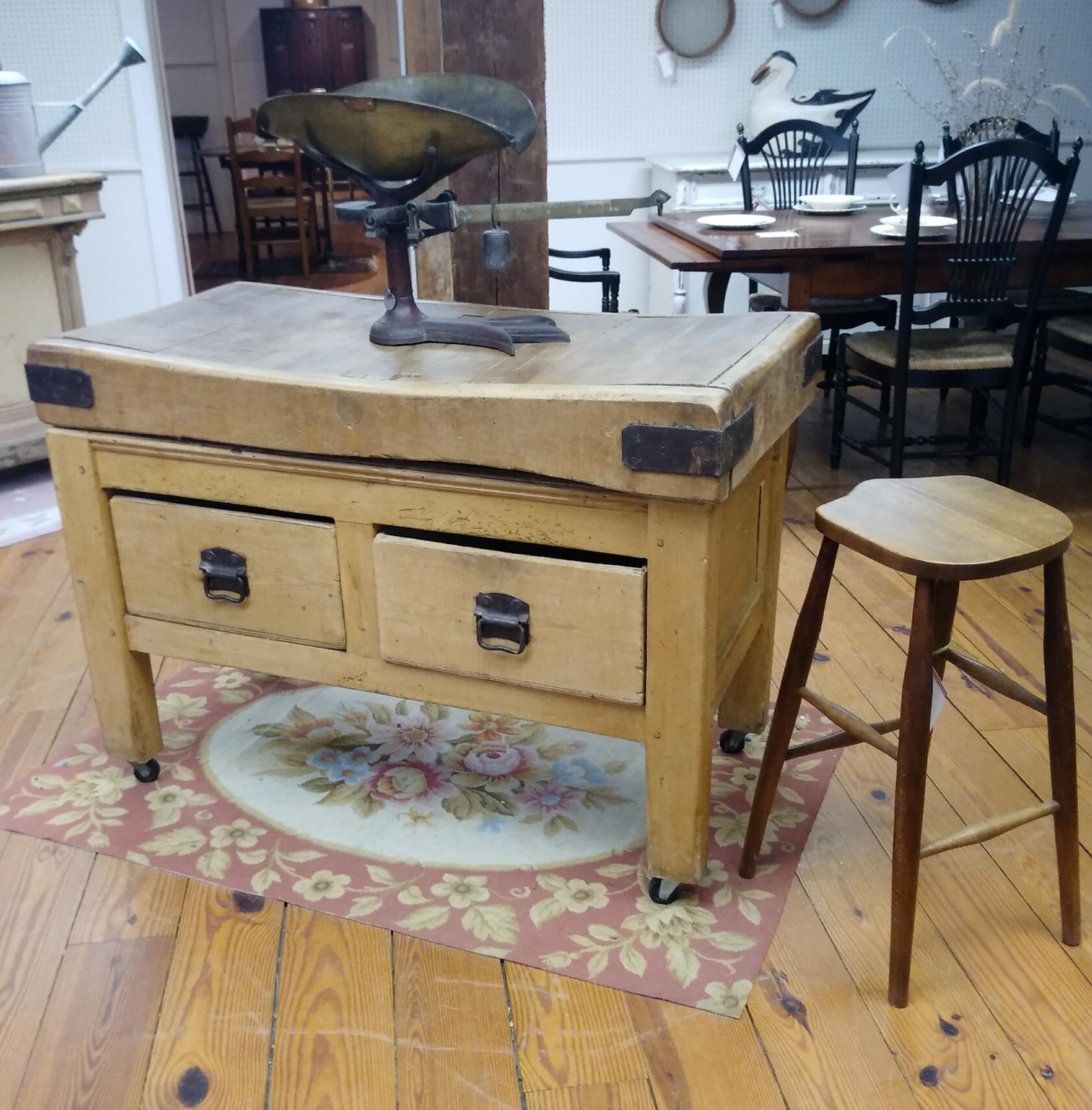 Original English Butcher Block with Two Drawers In Distressed Condition In Sheffield, MA