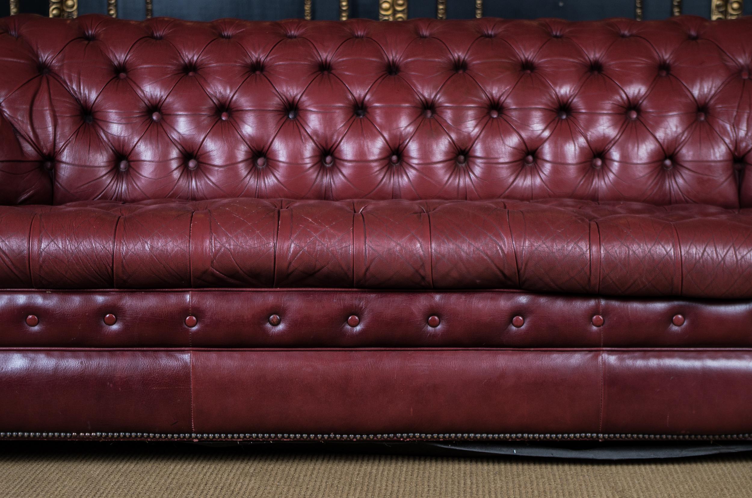 20th Century Original English Chesterfield Leather Sofa Three-Seat Couch