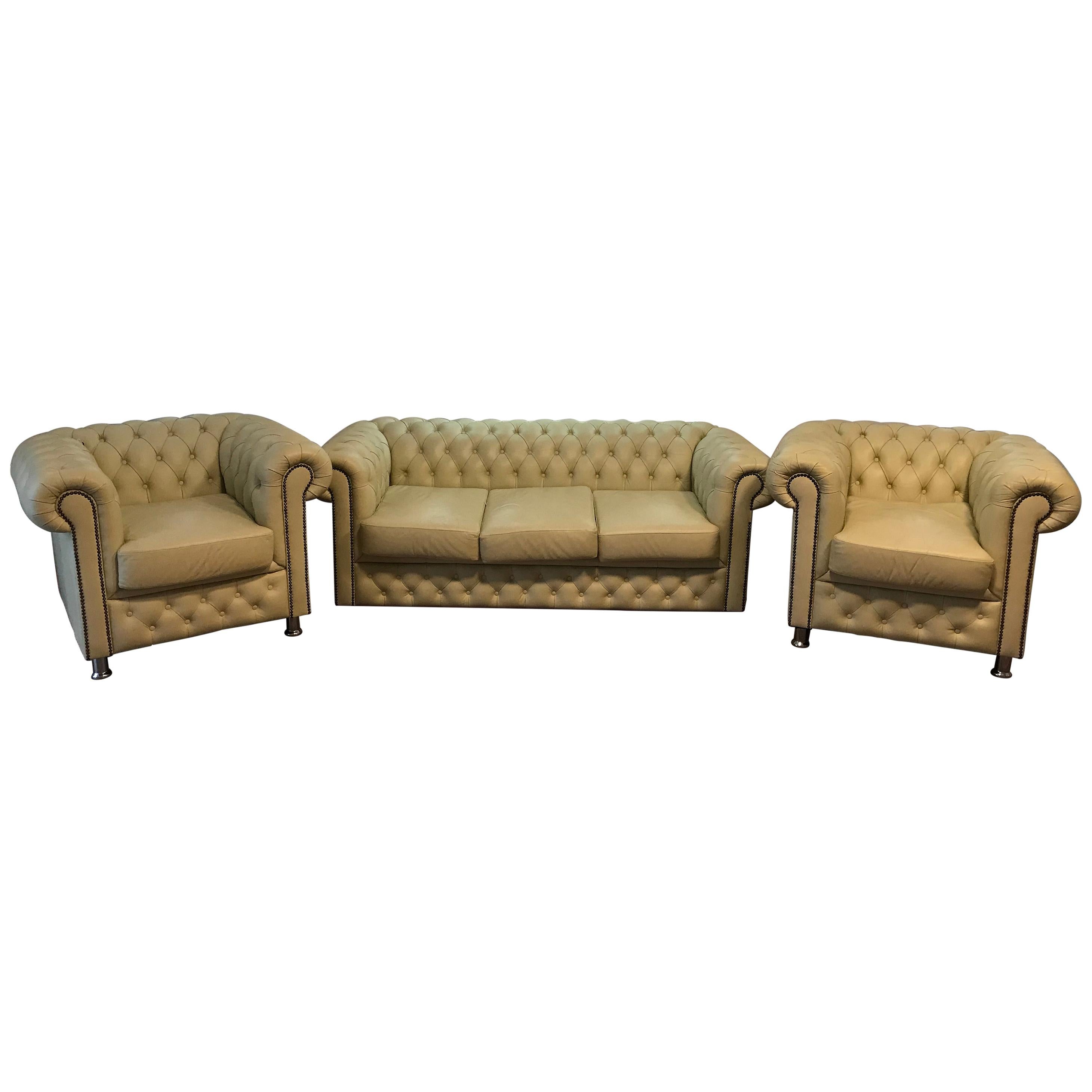 Original English Chesterfield Set of 3-Seat and 2 Armchairs in Cream Beige